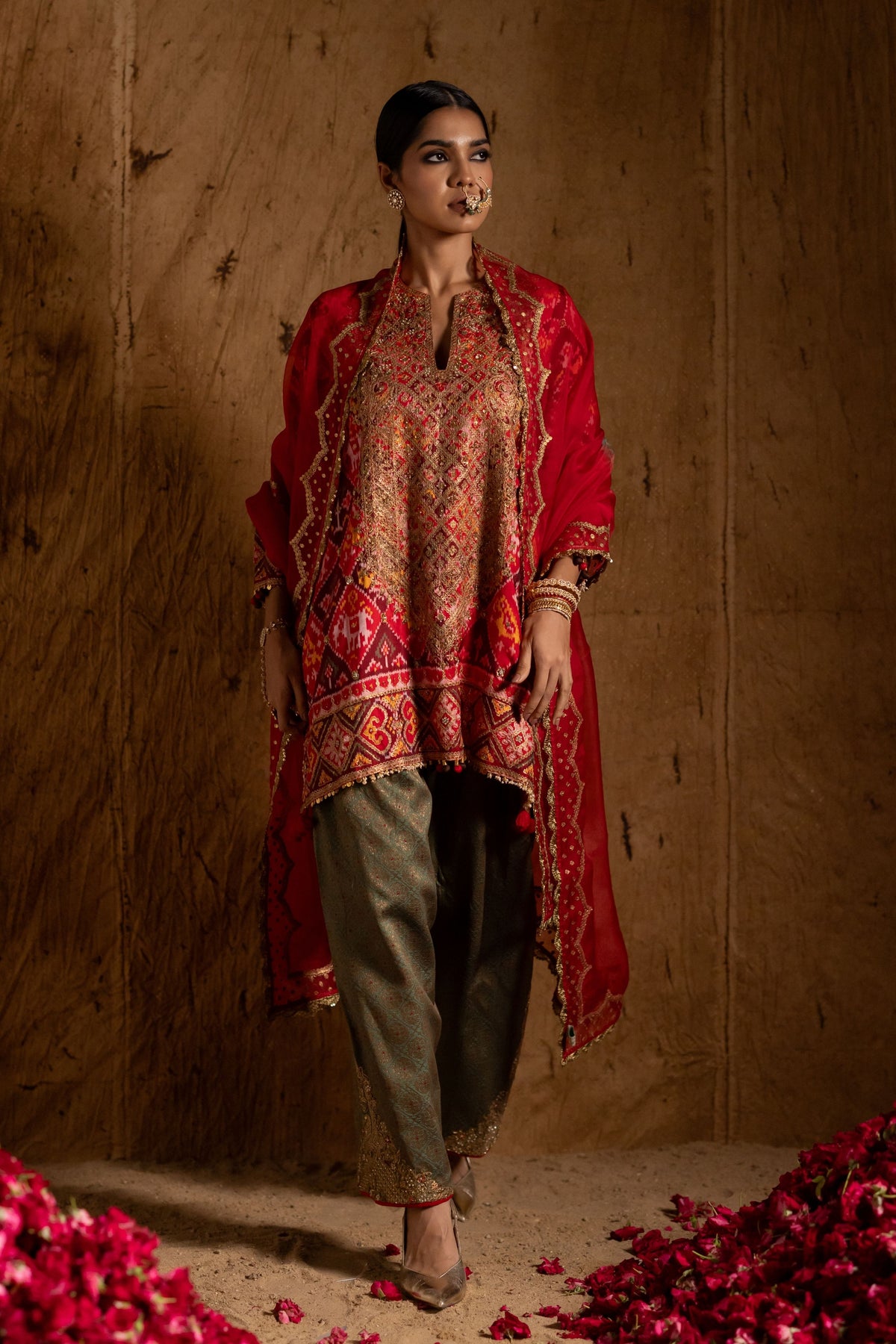 Red Checks Patola Kurta Set