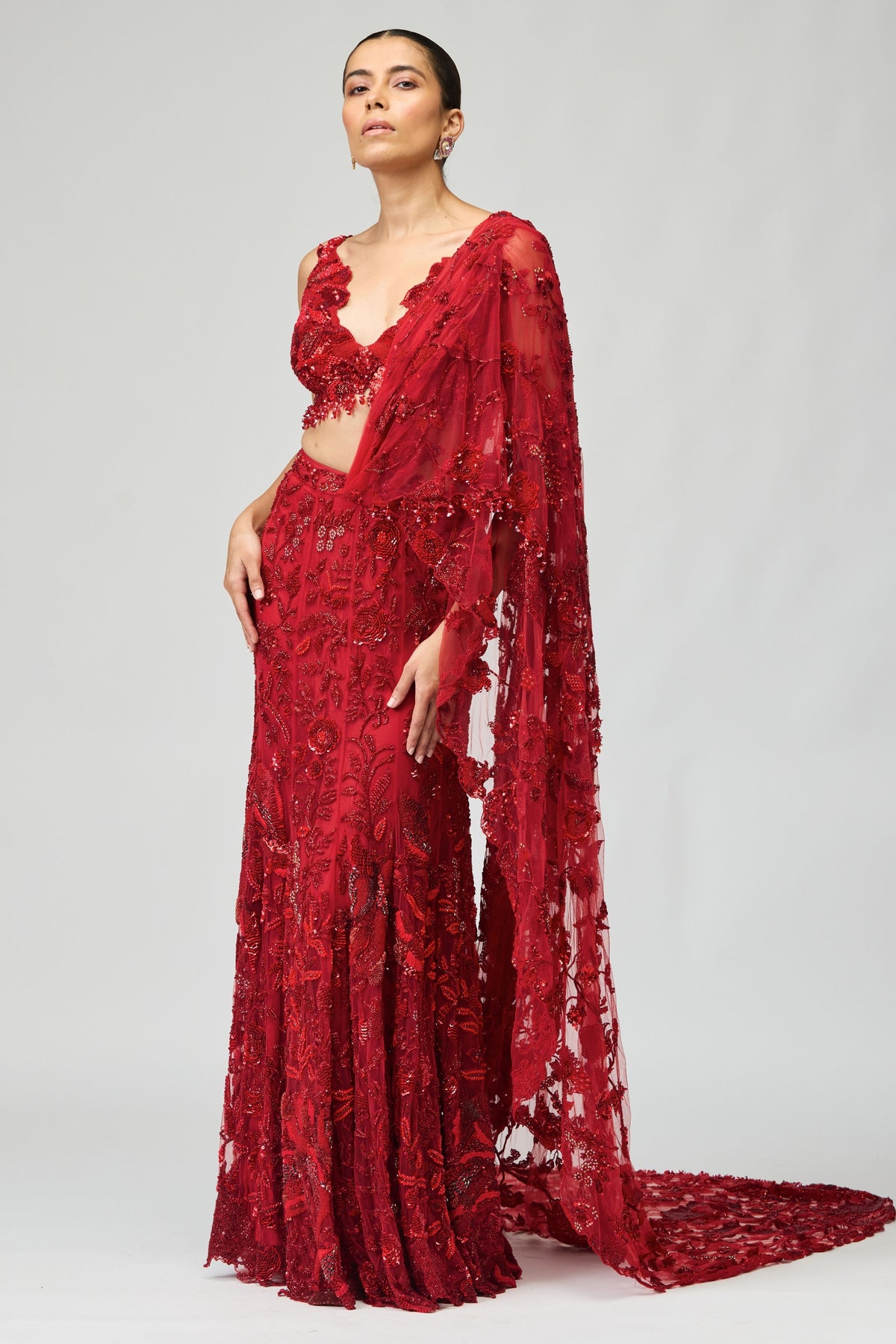 Red Embroidered Saree Set