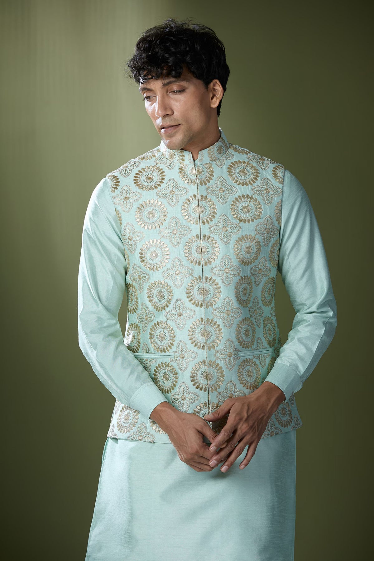 Sea Green Embroidered Nehru Jacket Set
