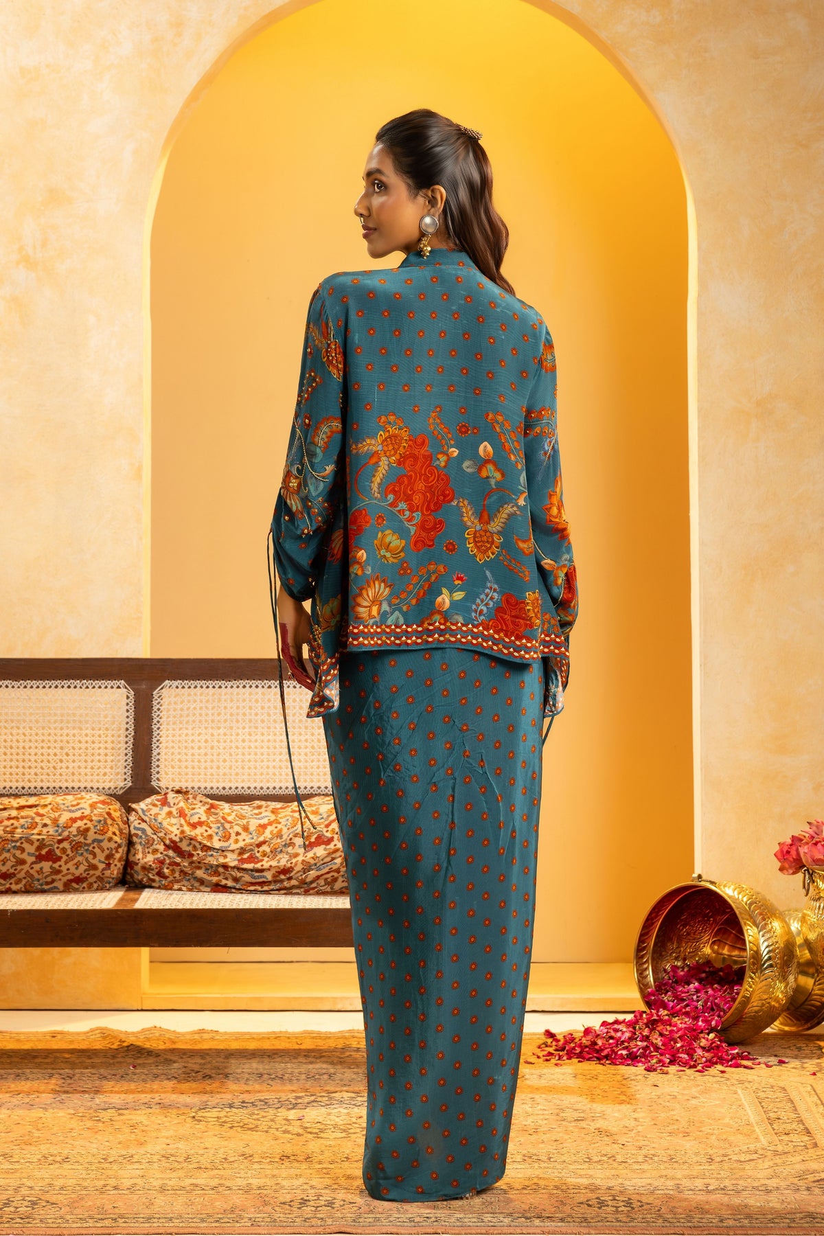 Blue Embellished Drape Skirt Set