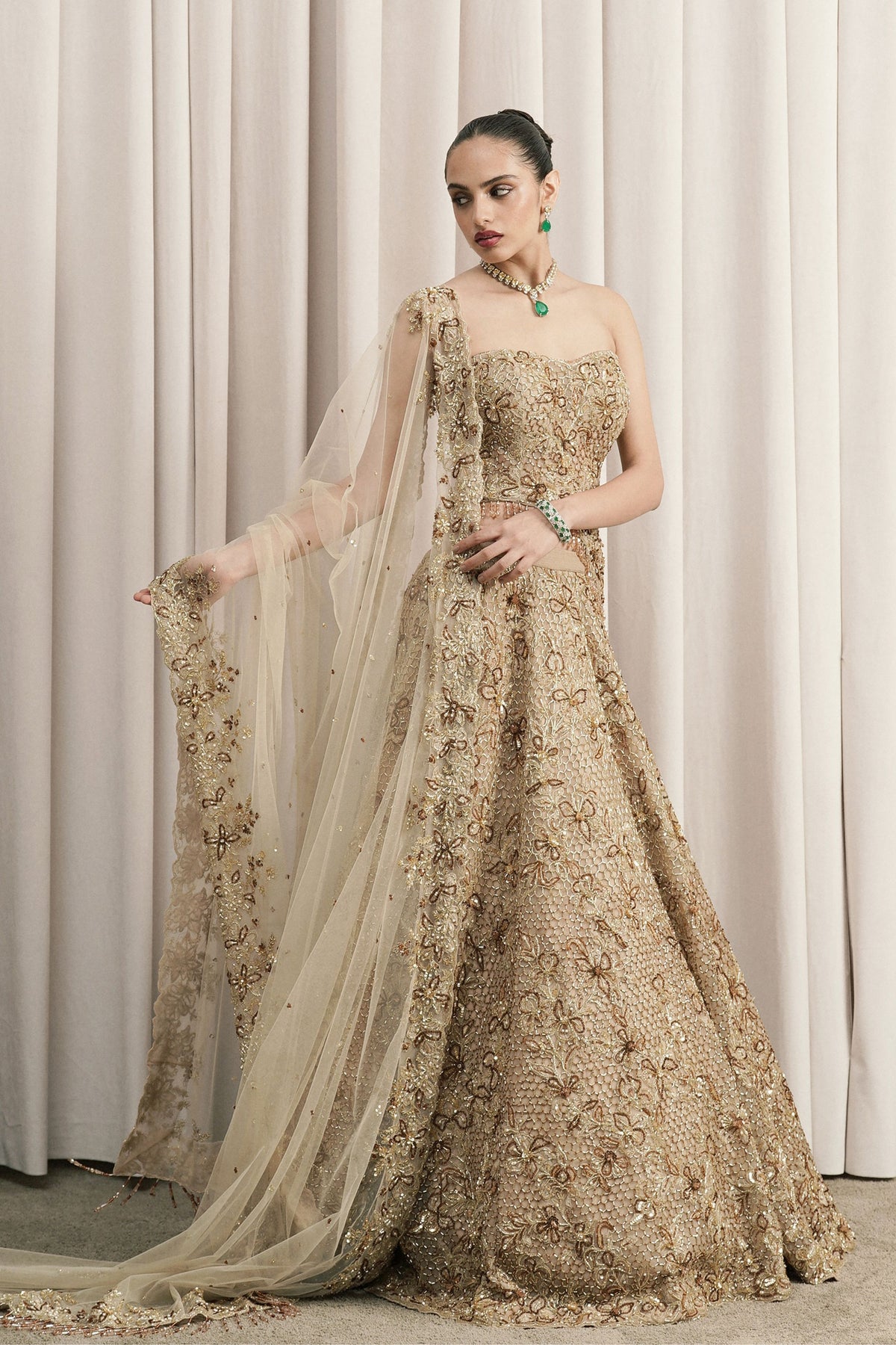 Beige Chantilly Lace Lehenga Set