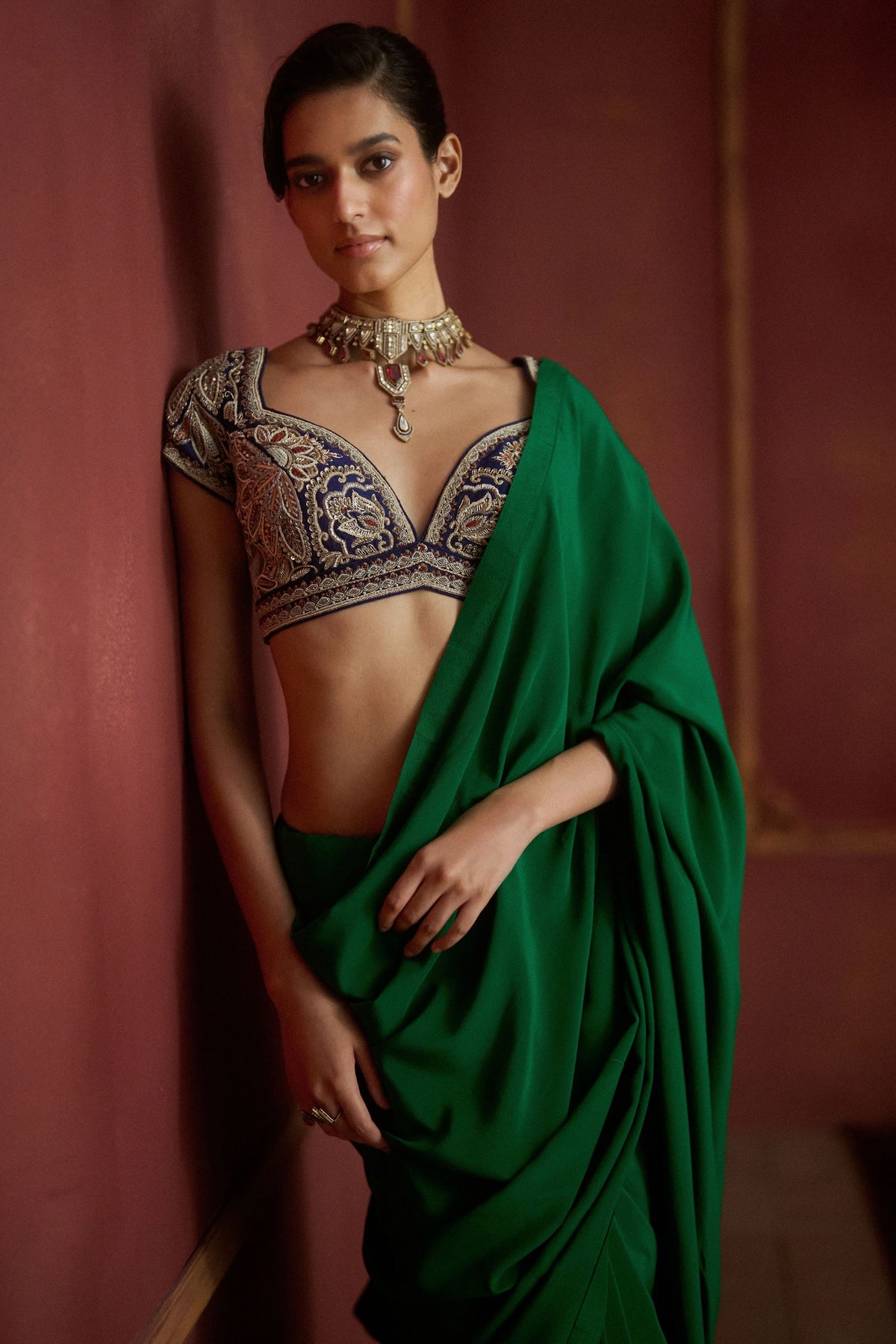 Bottle Green Embroidered Saree Set