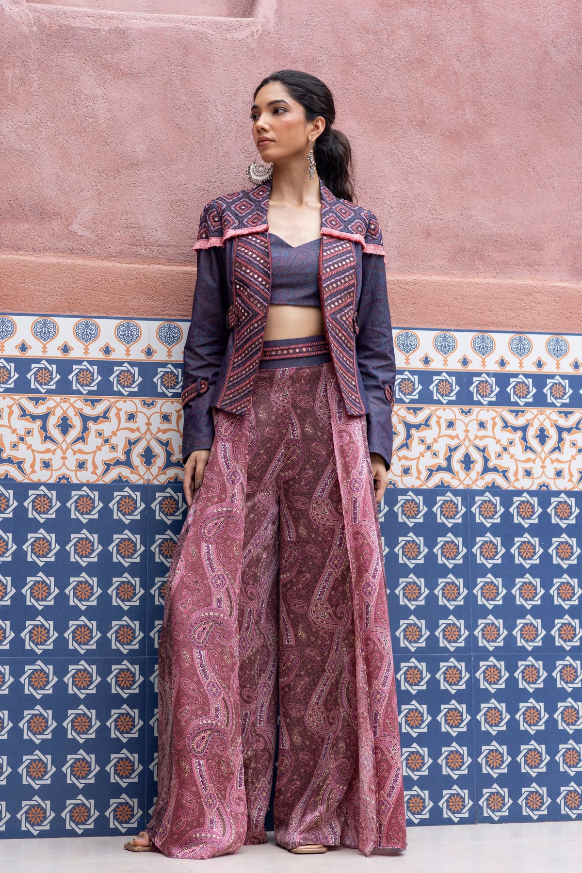 Denim Embroidered Jacket Set