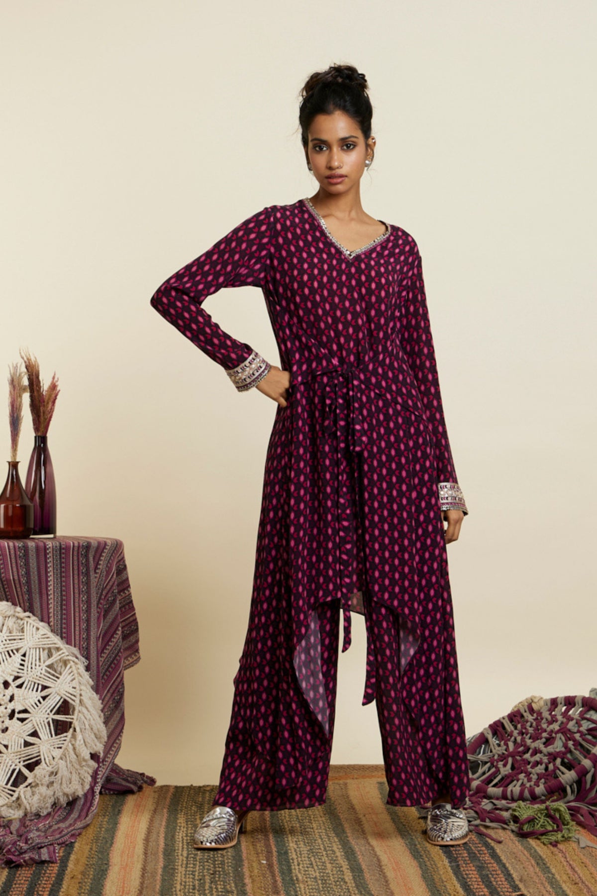 Wine Printed Front Tie up Tunic Set