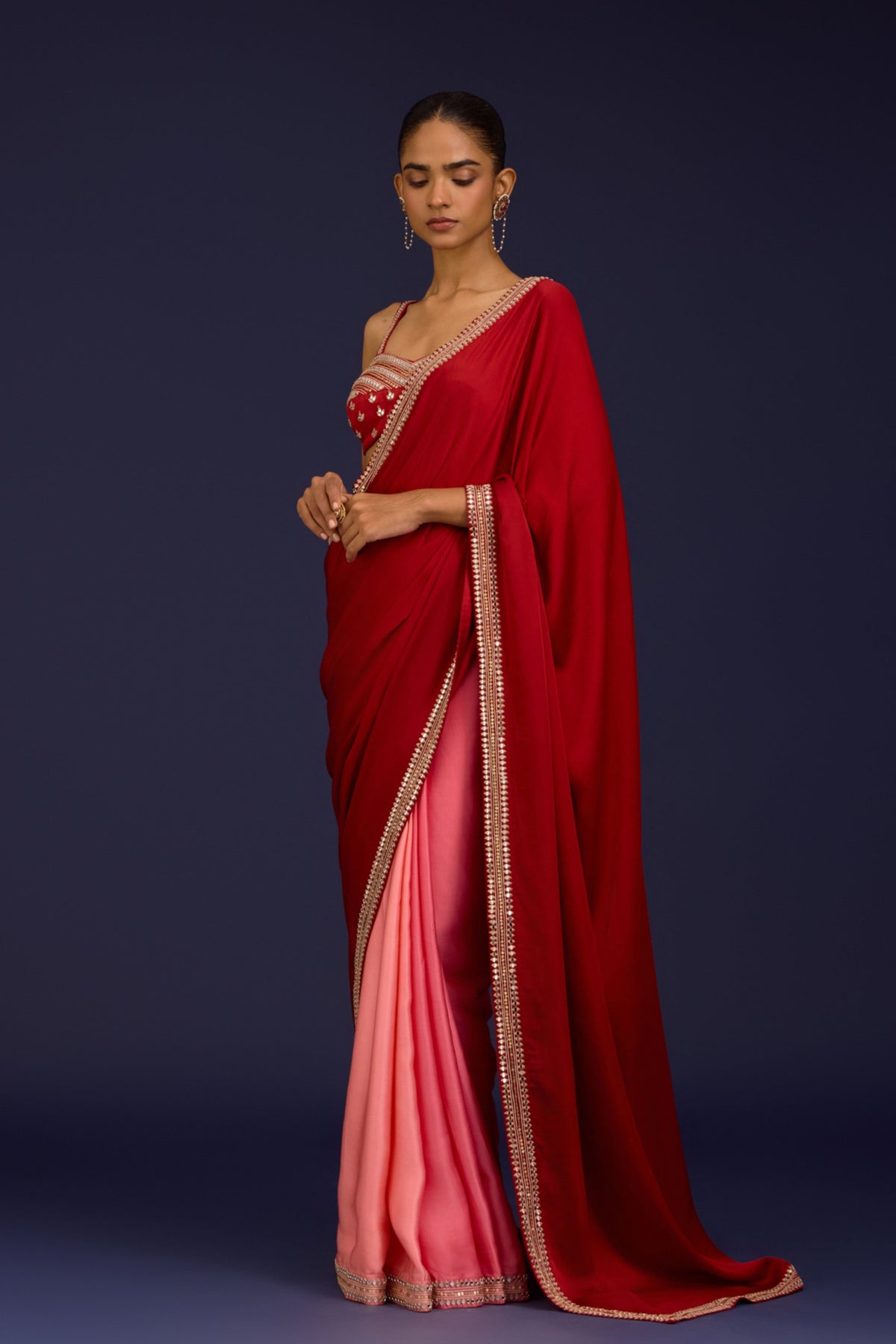 Pink Embroidered Net Saree Set