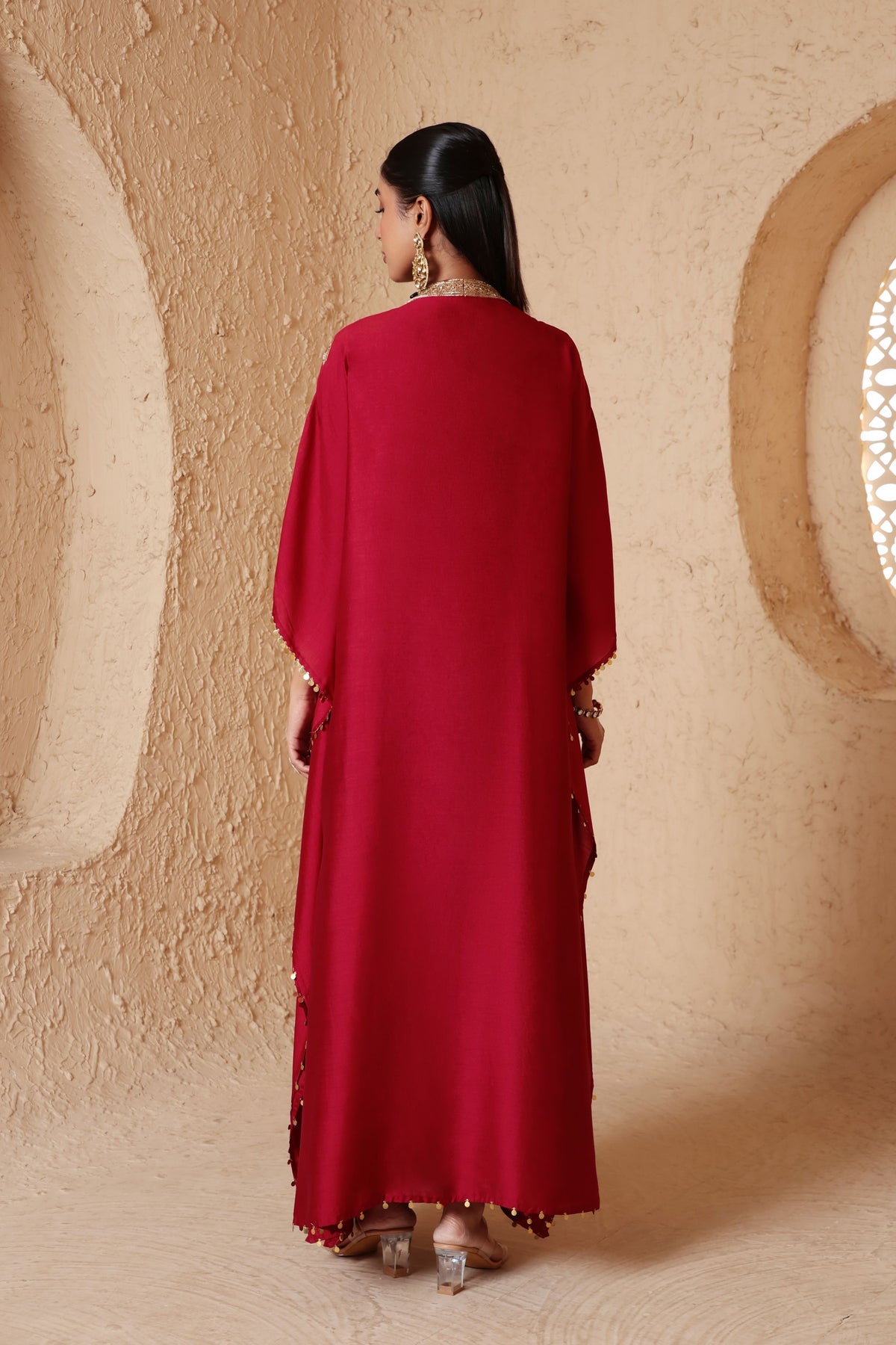 Maroon V Neck Kaftan Set