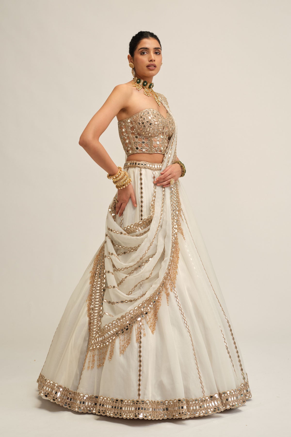 Off White Embroidered Lehenga Set