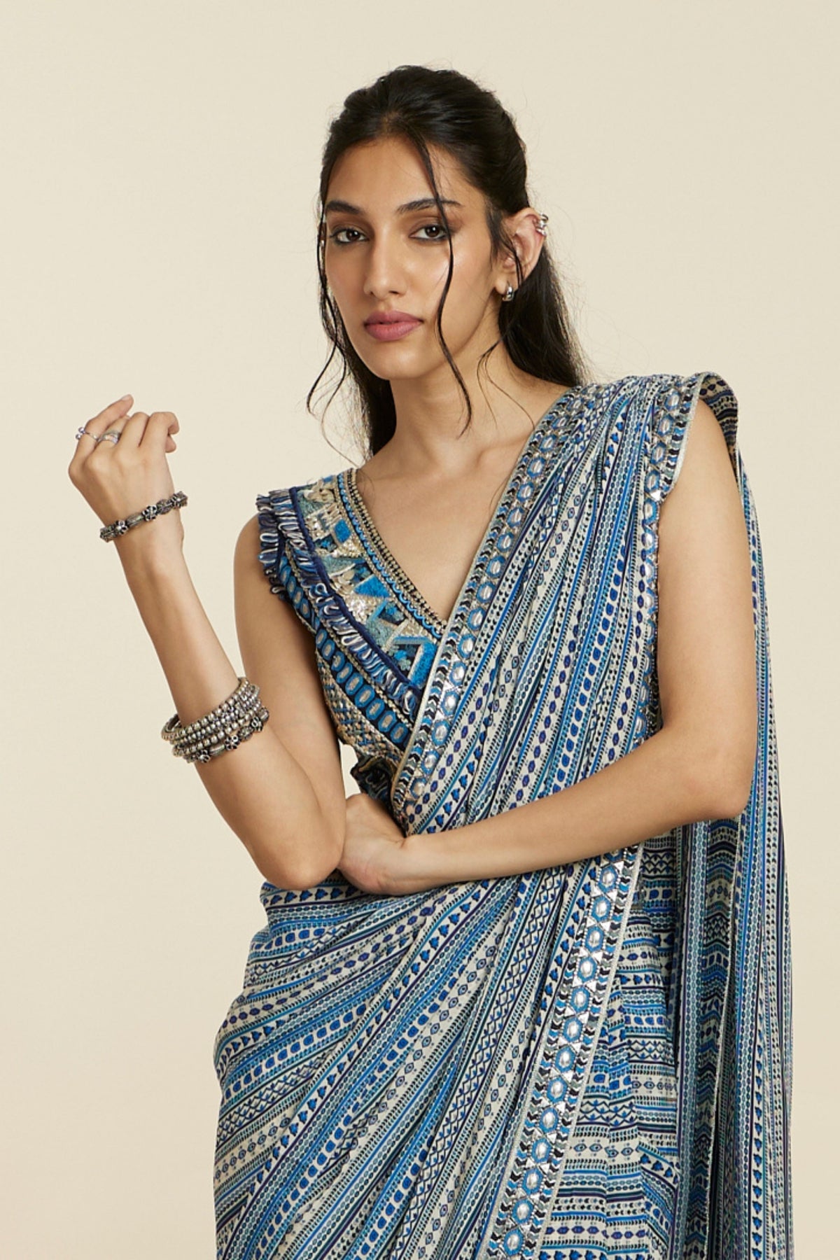 Blue Boho Cascade Saree Set