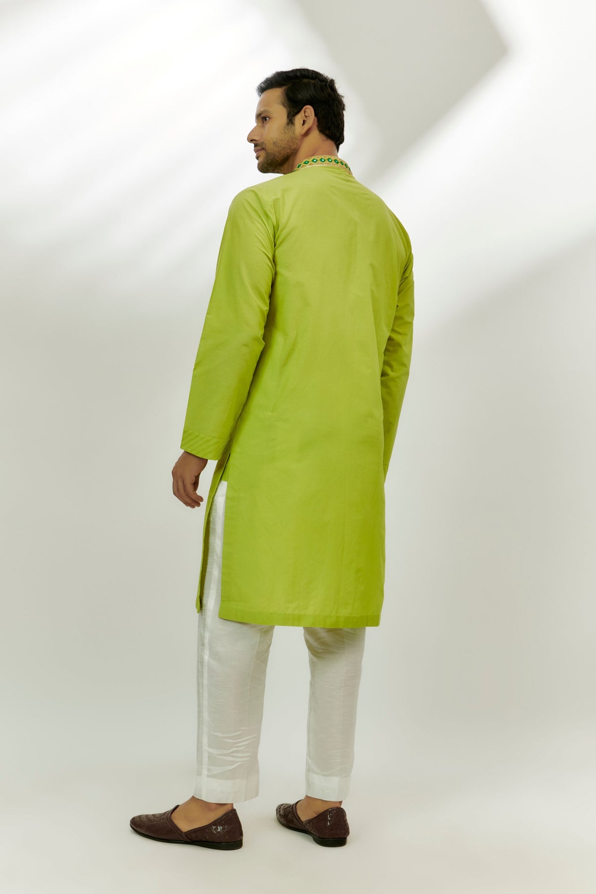 Lime Green Cotton Silk Embroidered Kurta