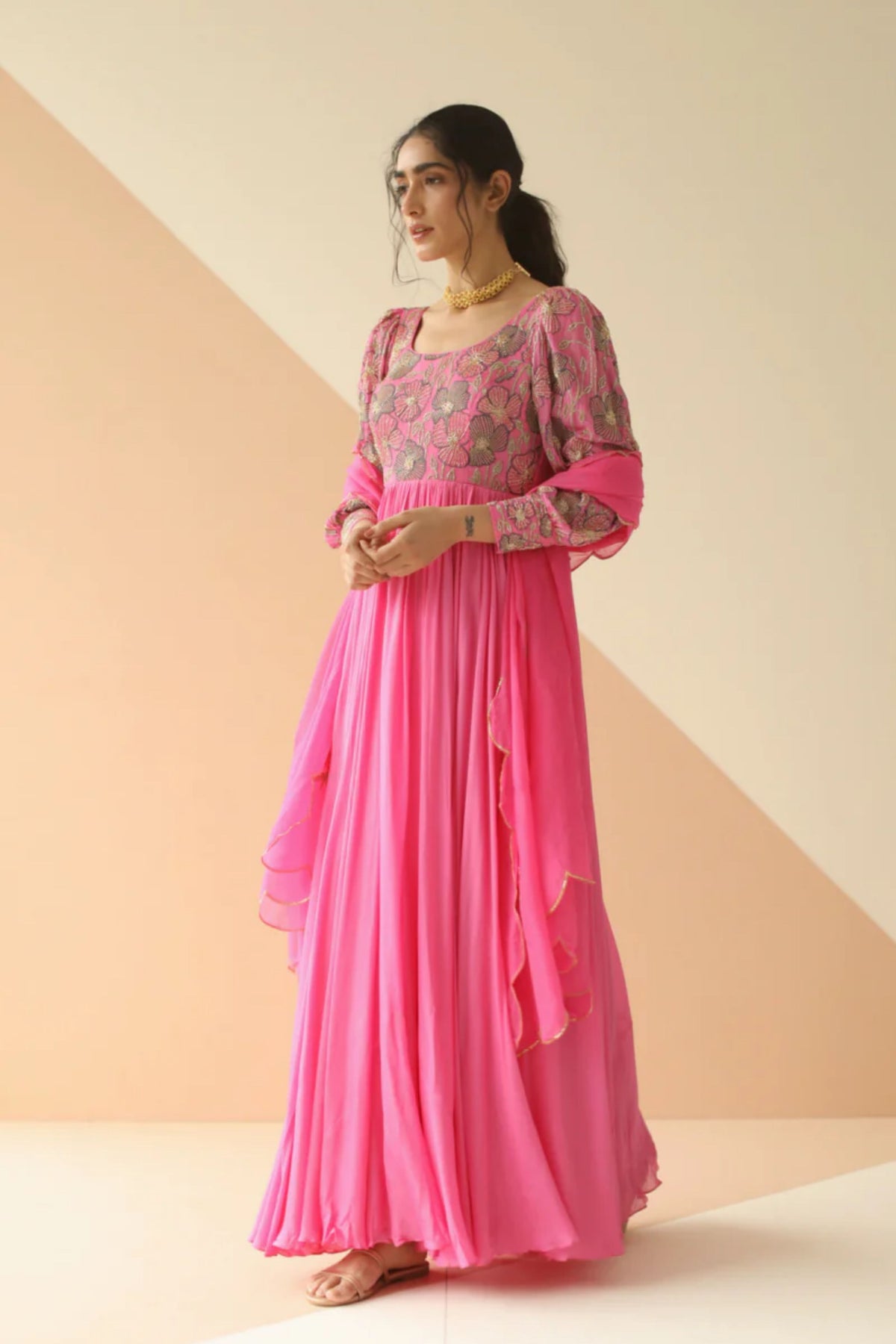 Bubble pink heavy yoke bell sleeves anarkali