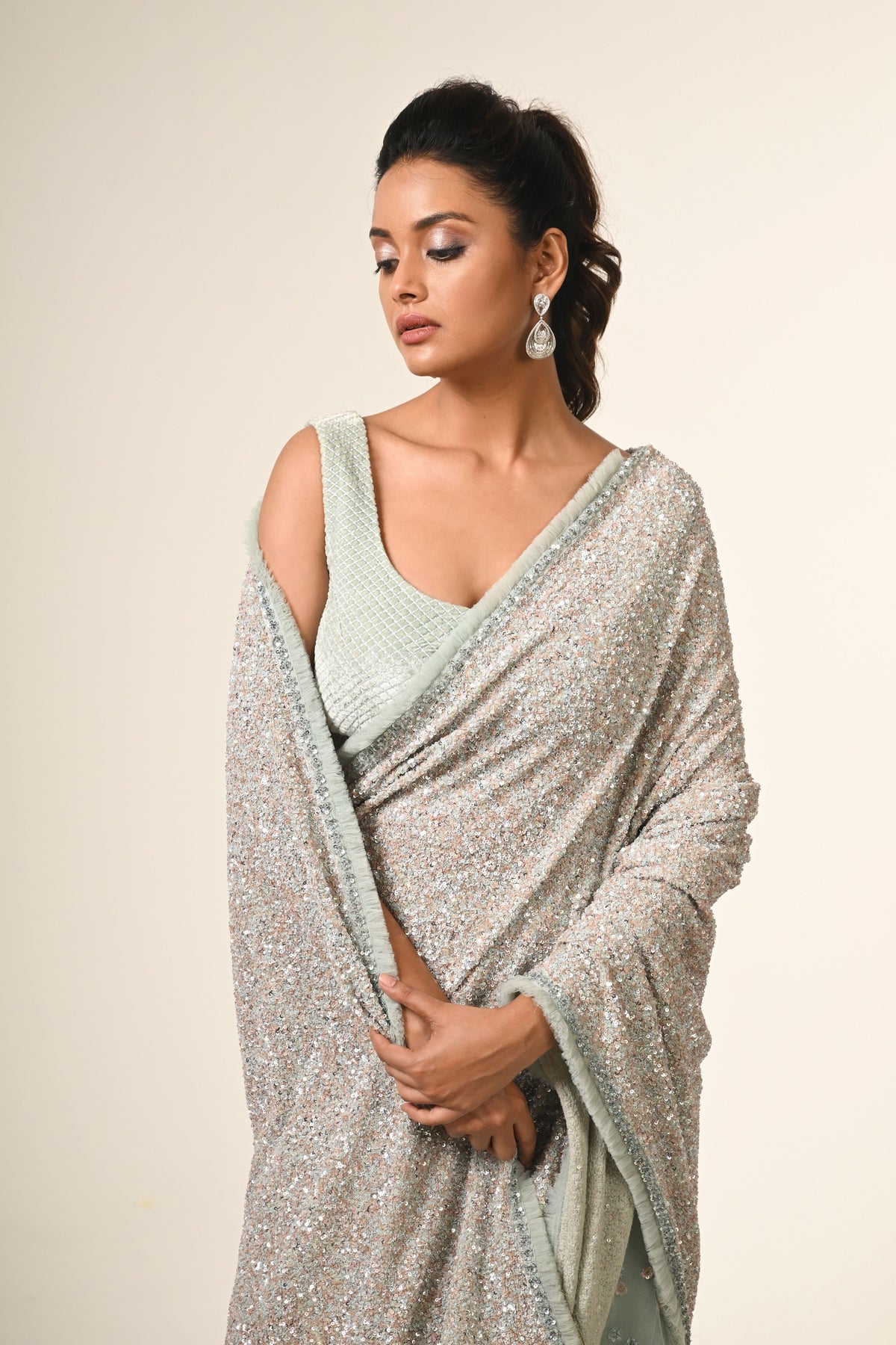 Powder Blue Sequined Saree Set