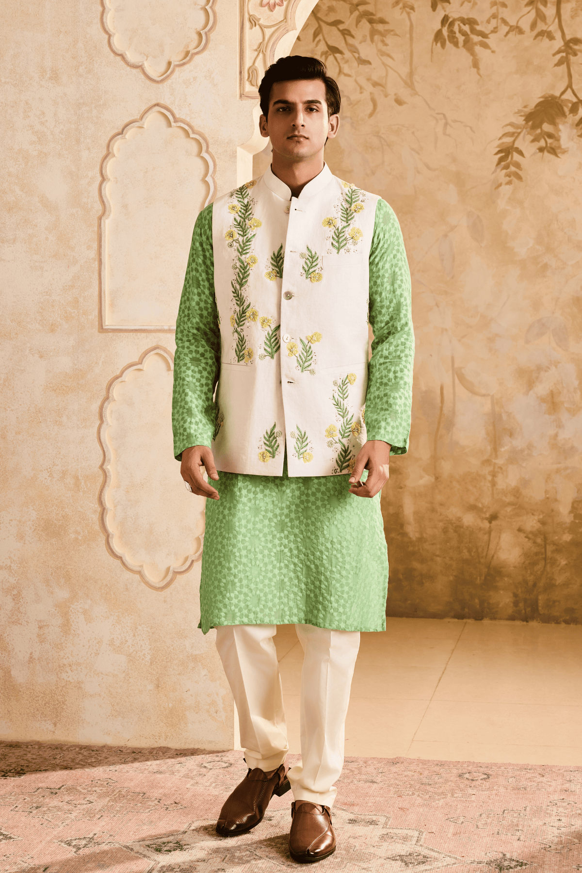 Ivory Nehru With Jade Kurta Set