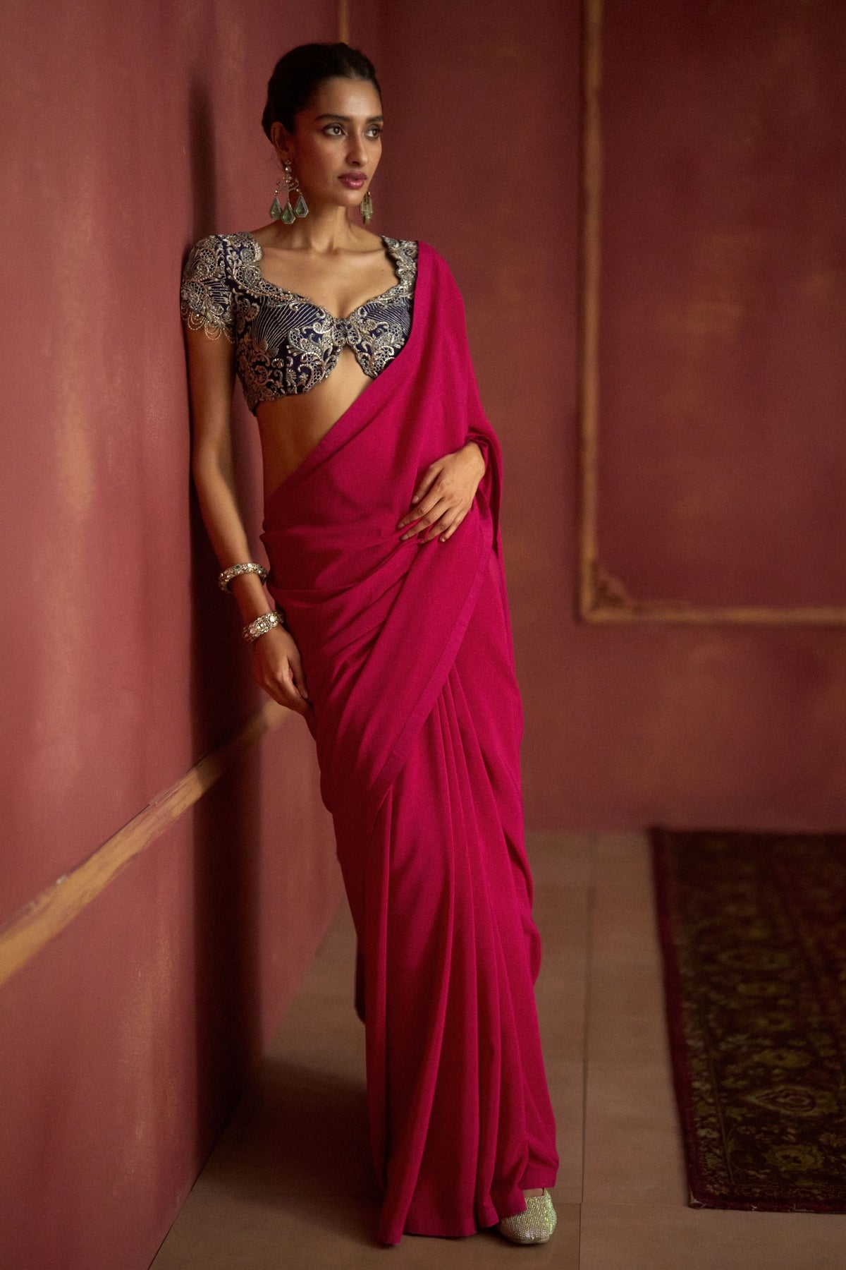 Pink Green Embroidered Saree Set