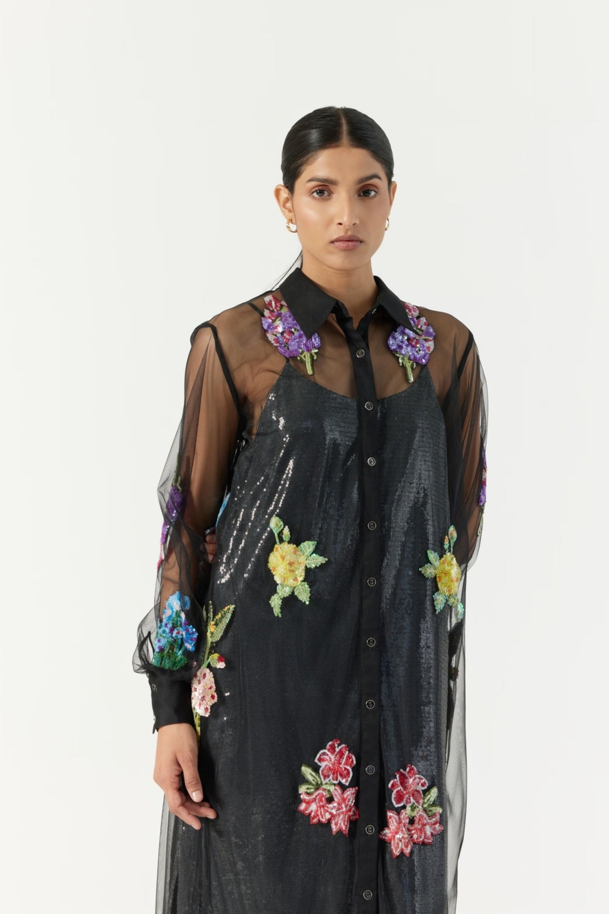 Black Botanical Shirt Dress