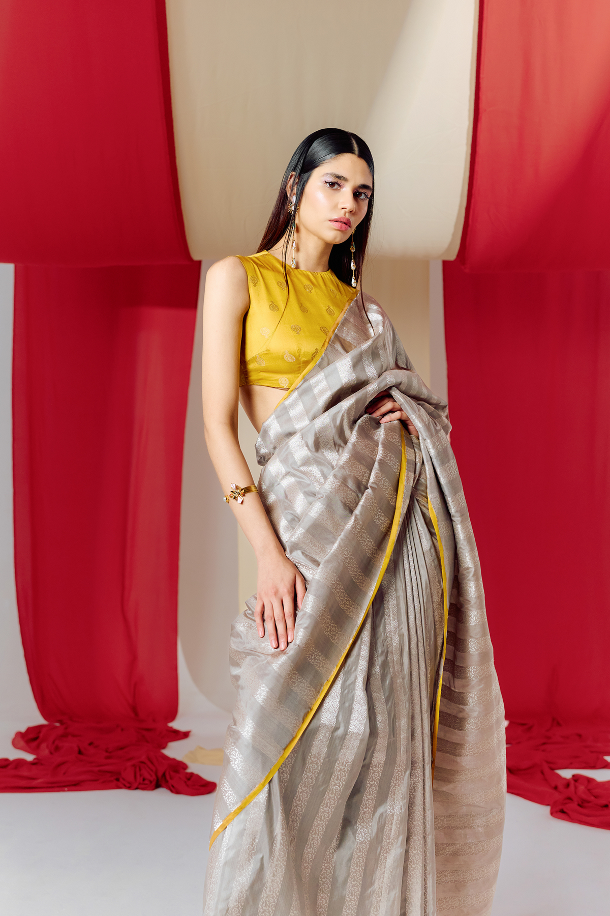 Grey Striped Silk Handwoven Saree