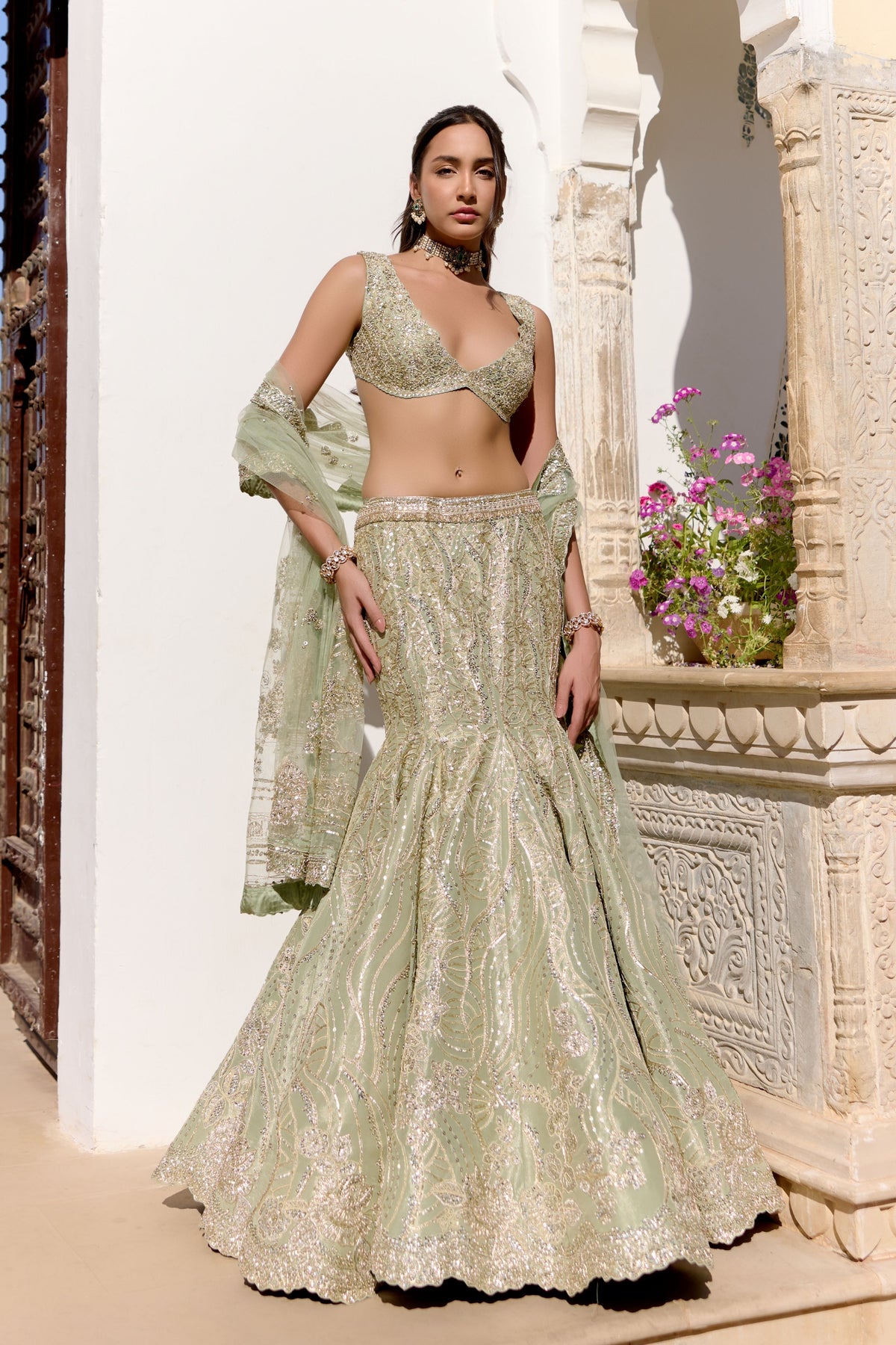 Sage Fish Cut Lehenga Set