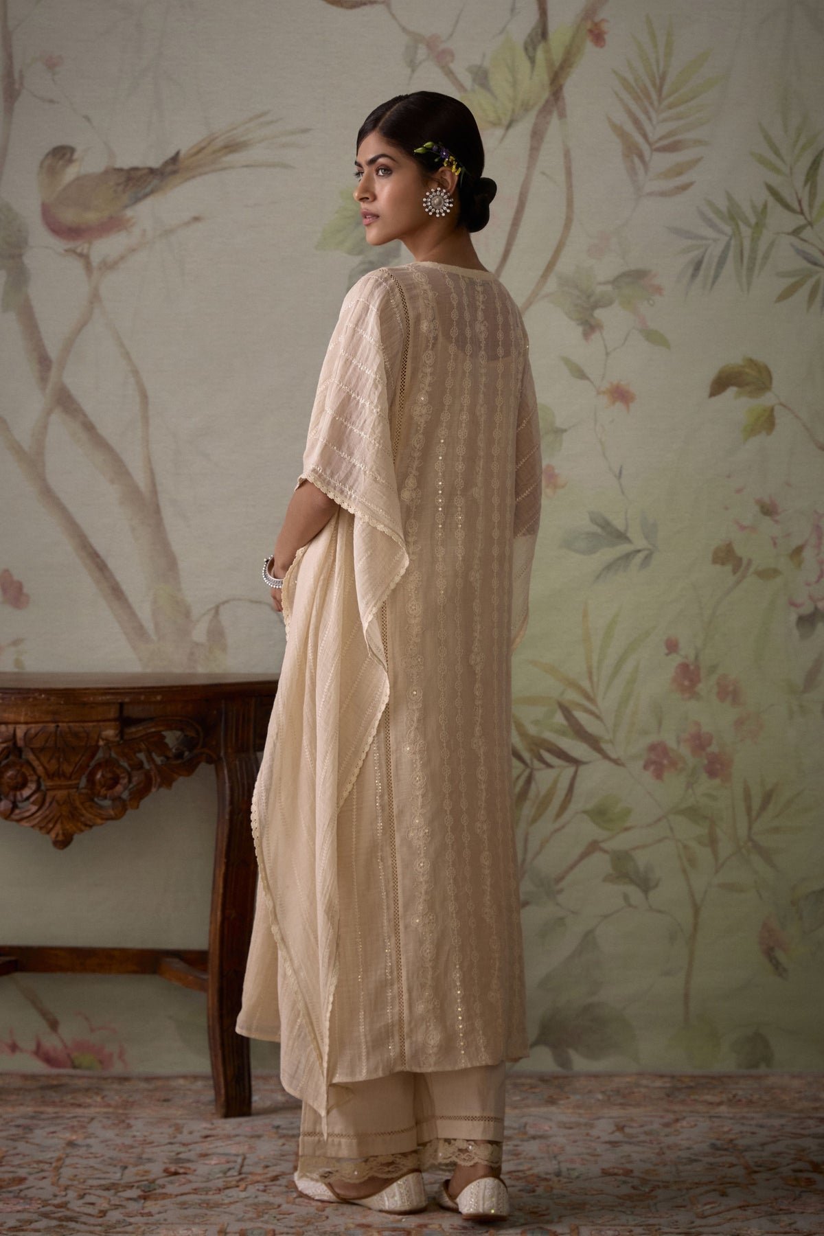 Ivory Floral Embroidered Kaftan Set