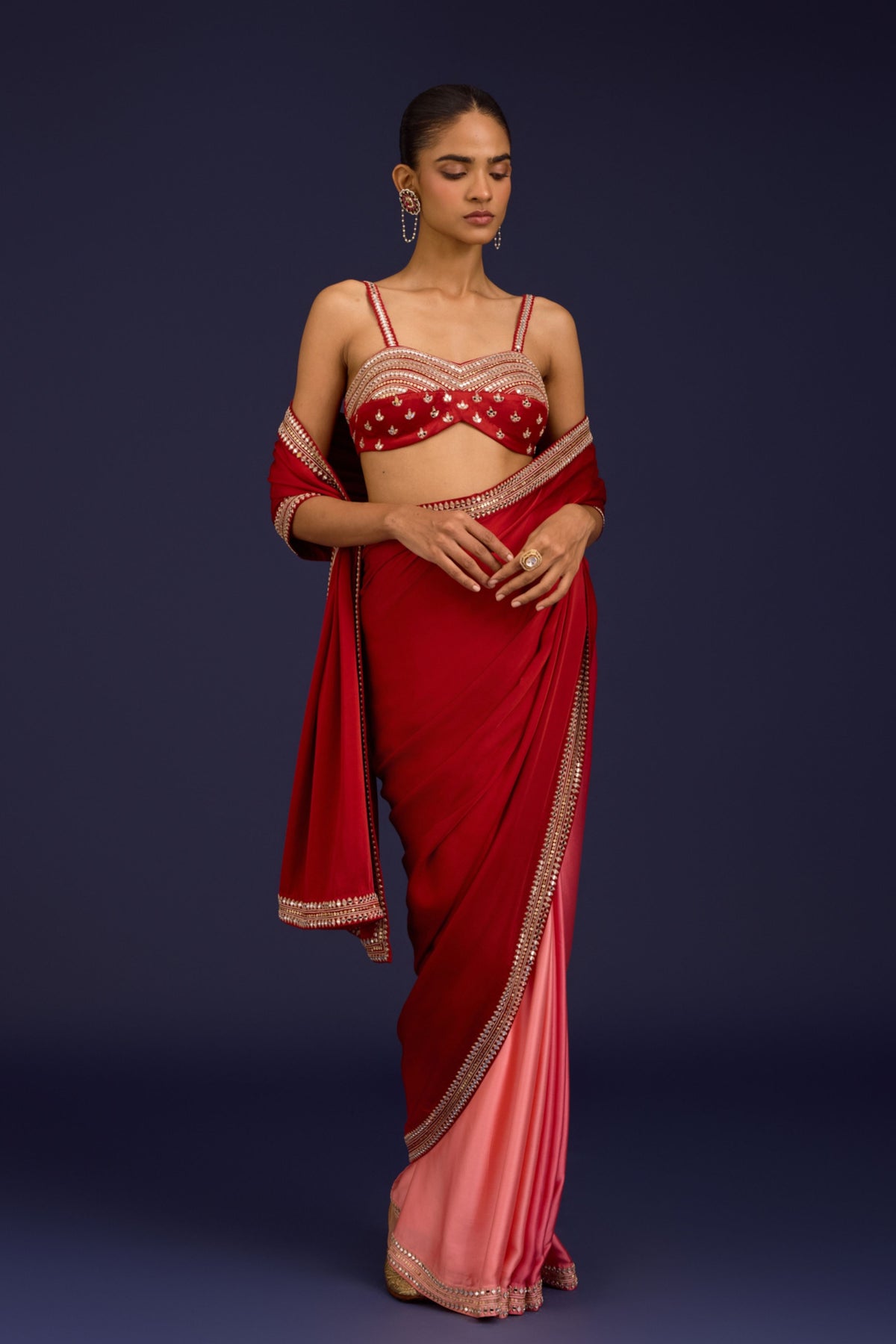 Pink Embroidered Net Saree Set