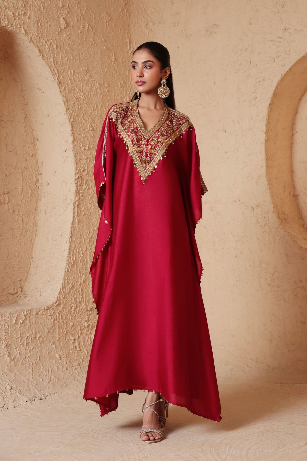 Maroon V Neck Kaftan Set