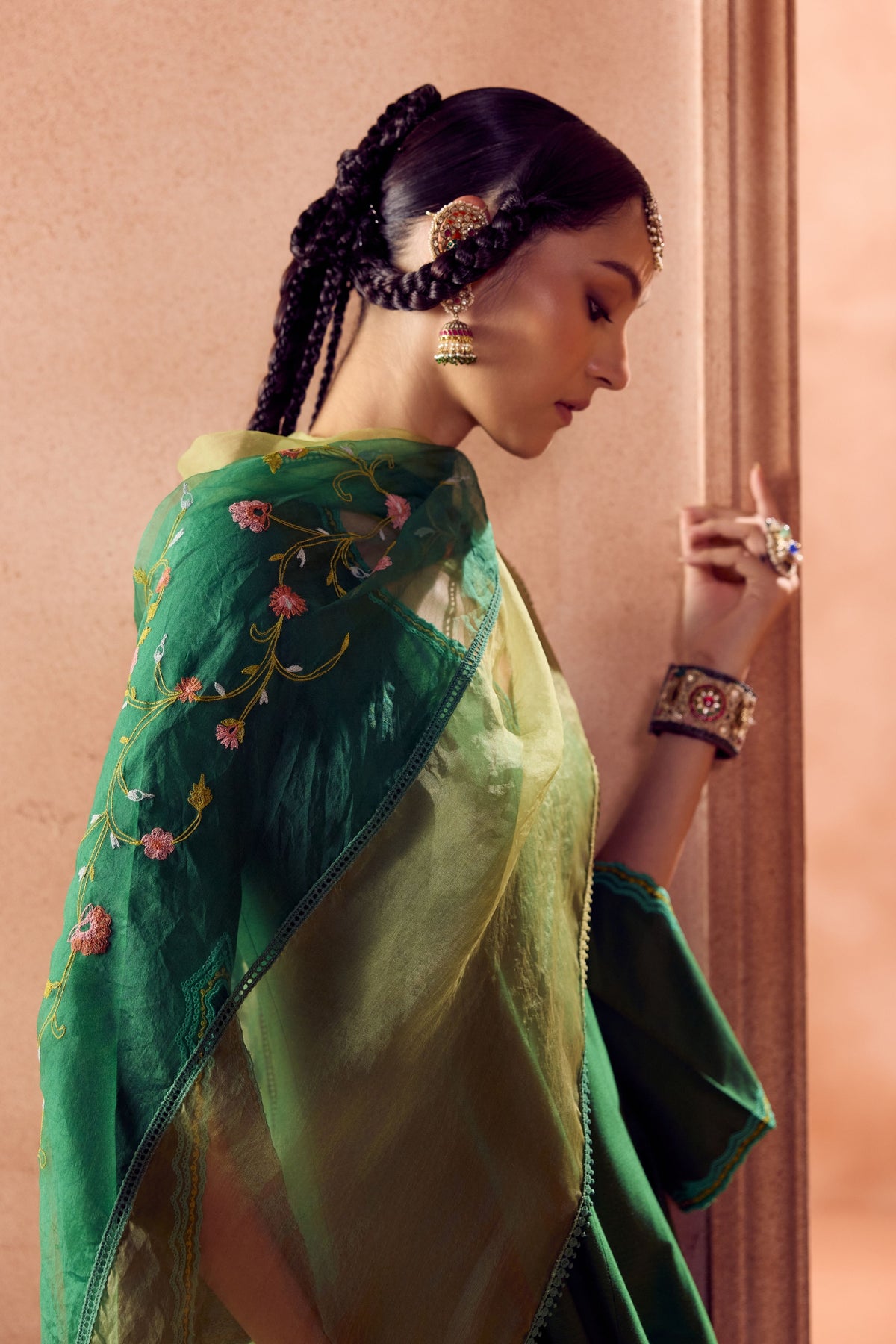 Green Floral Anarkali Set