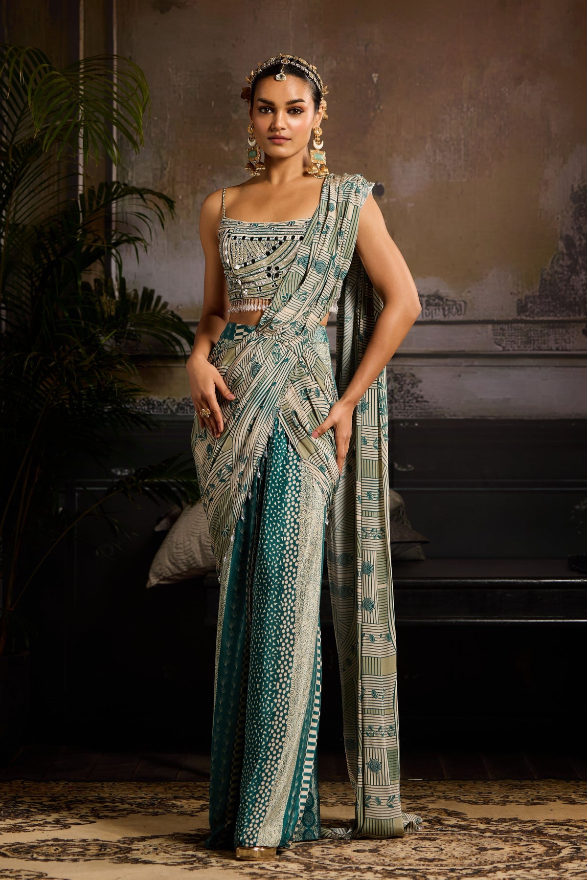 Teal Drape Saree Set