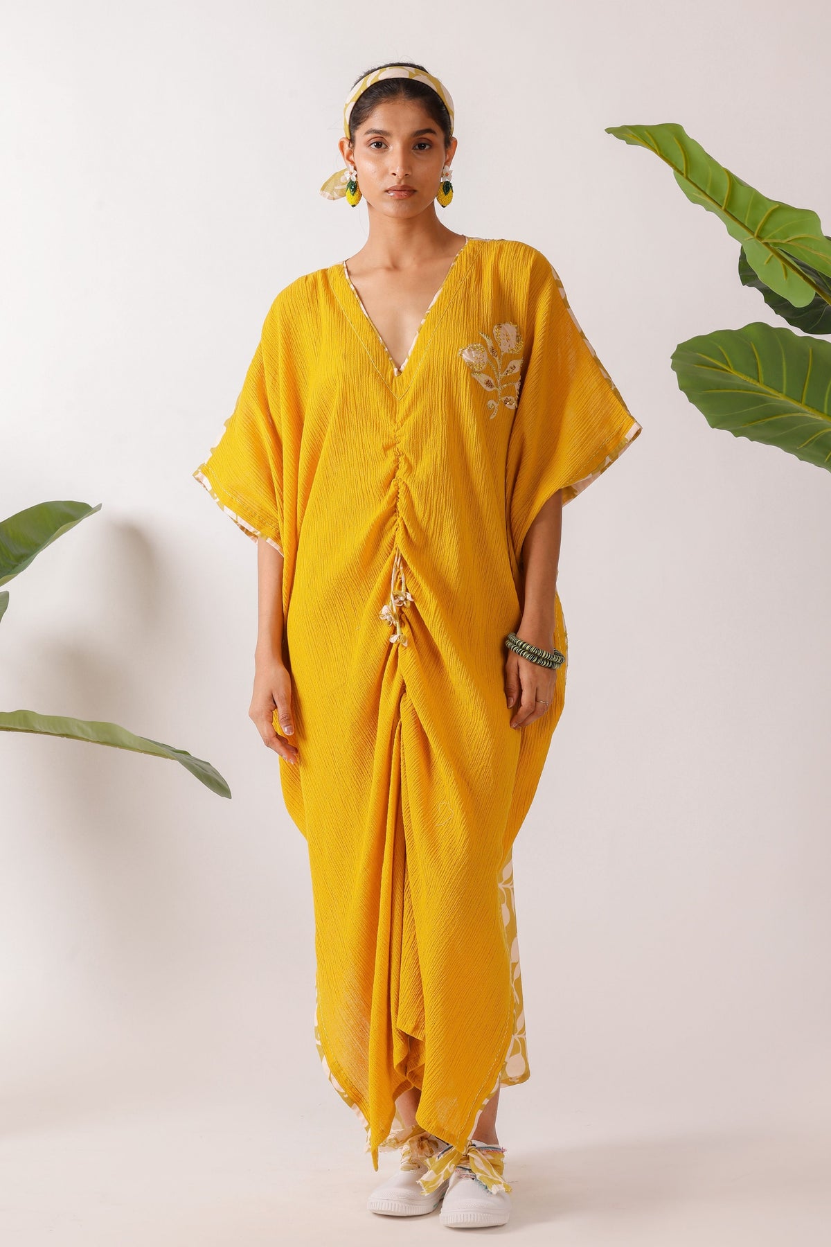 Olive Pomegranate Print Ruching Kaftan