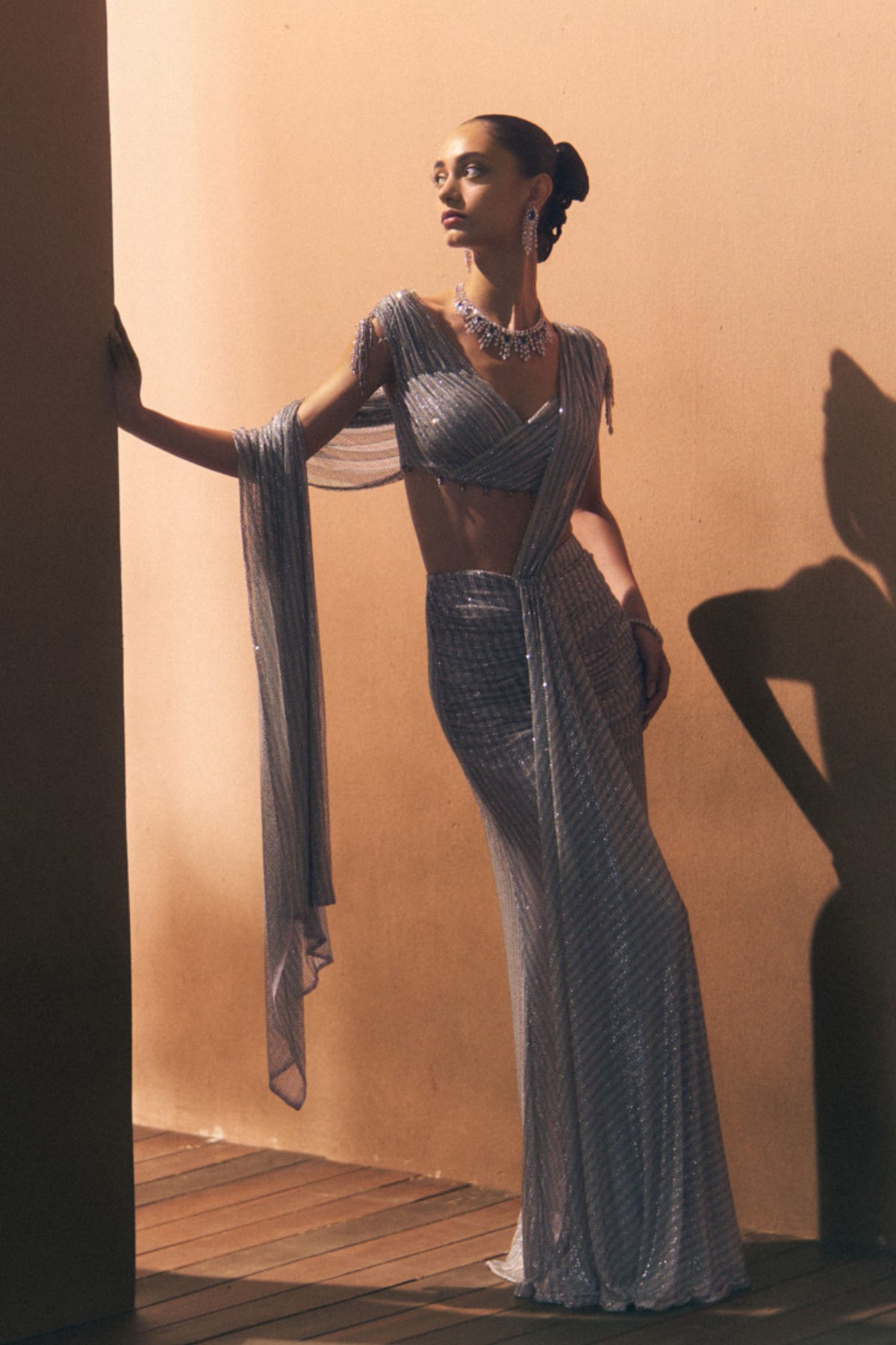 Pewter Drape Saree Set