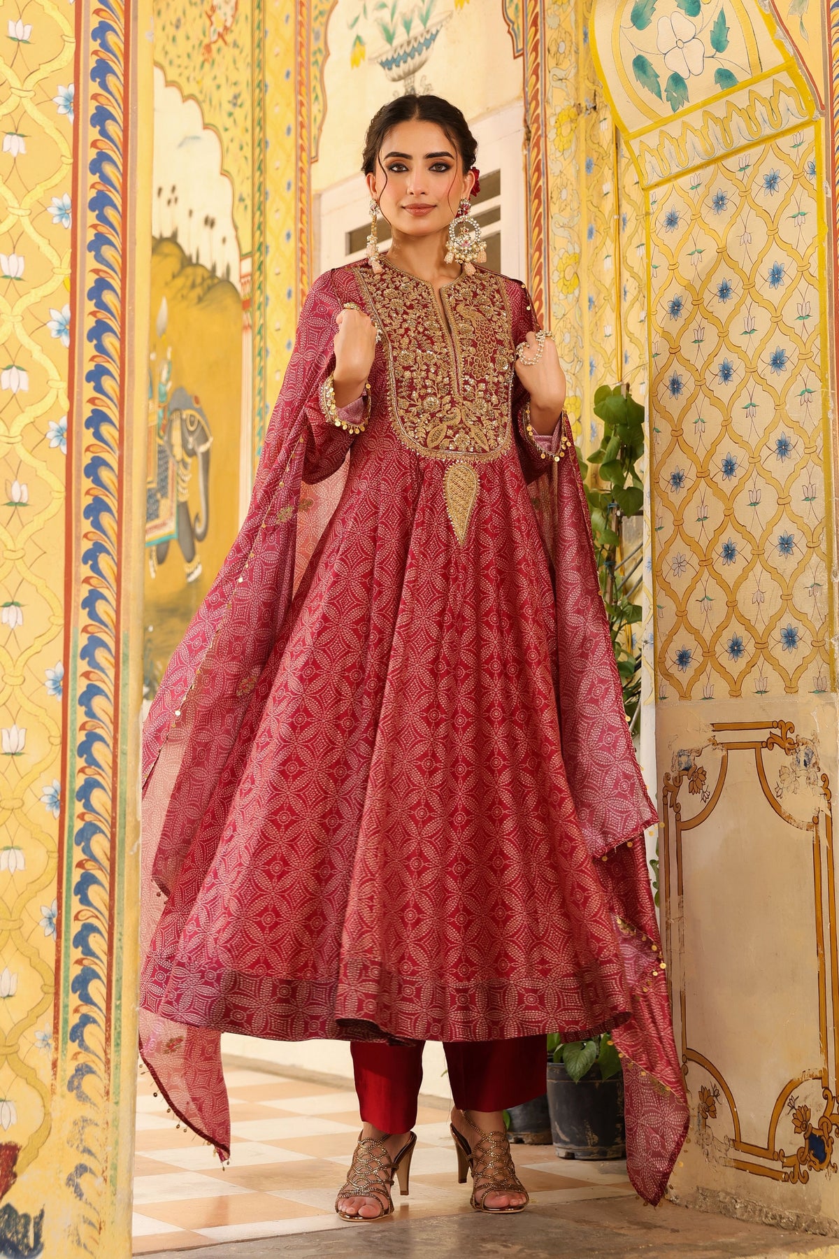 Ahista Maroon Printed Kalidar Set