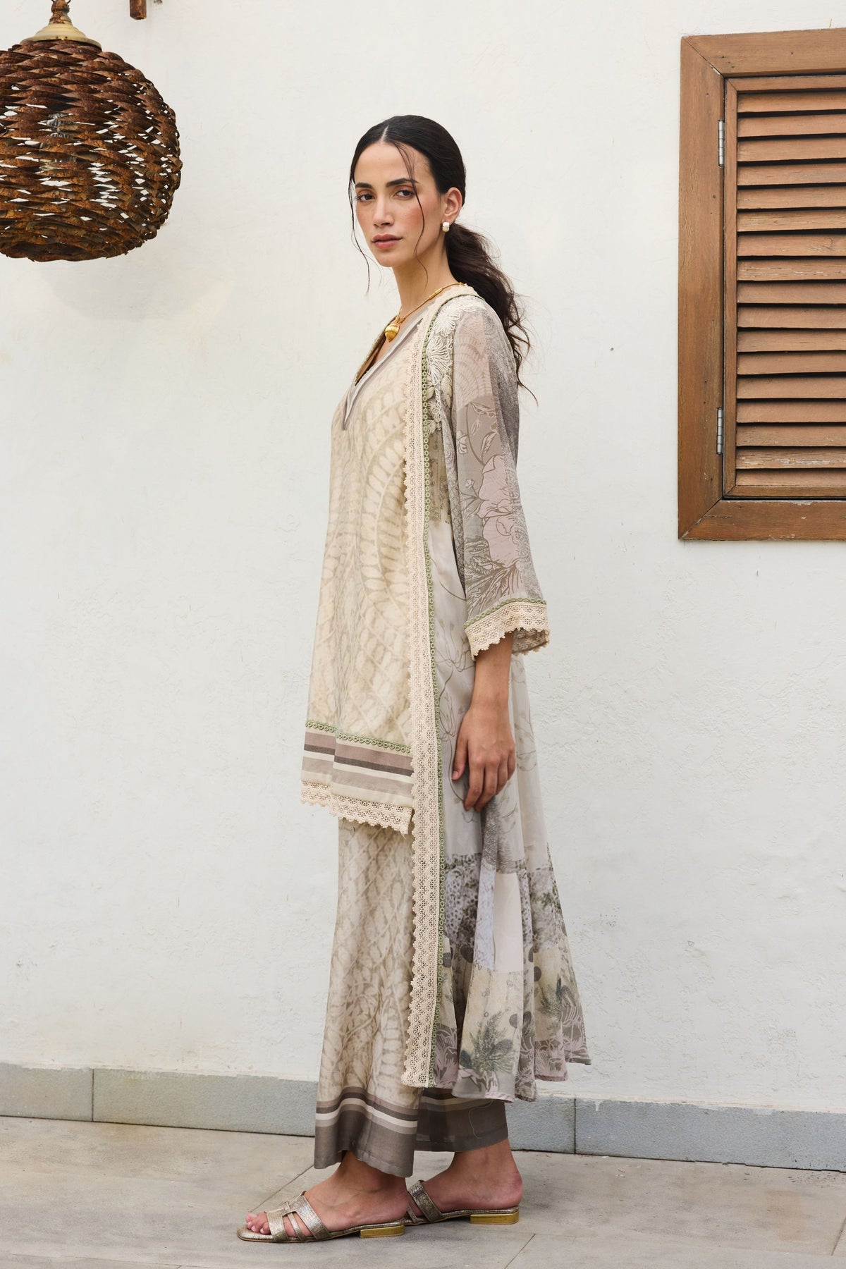Ira Printed Embroidery Cape Set