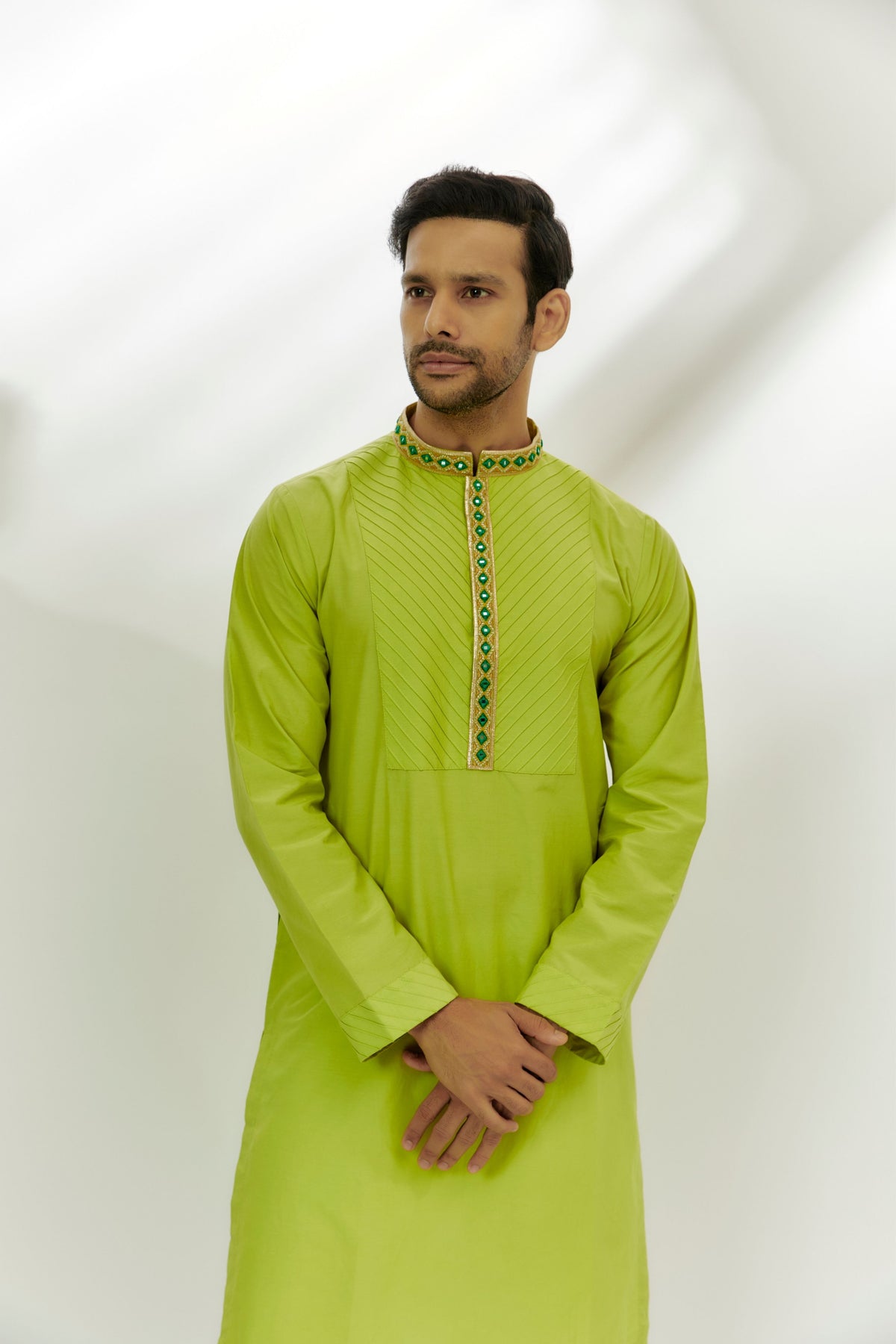 Lime Green Cotton Silk Embroidered Kurta