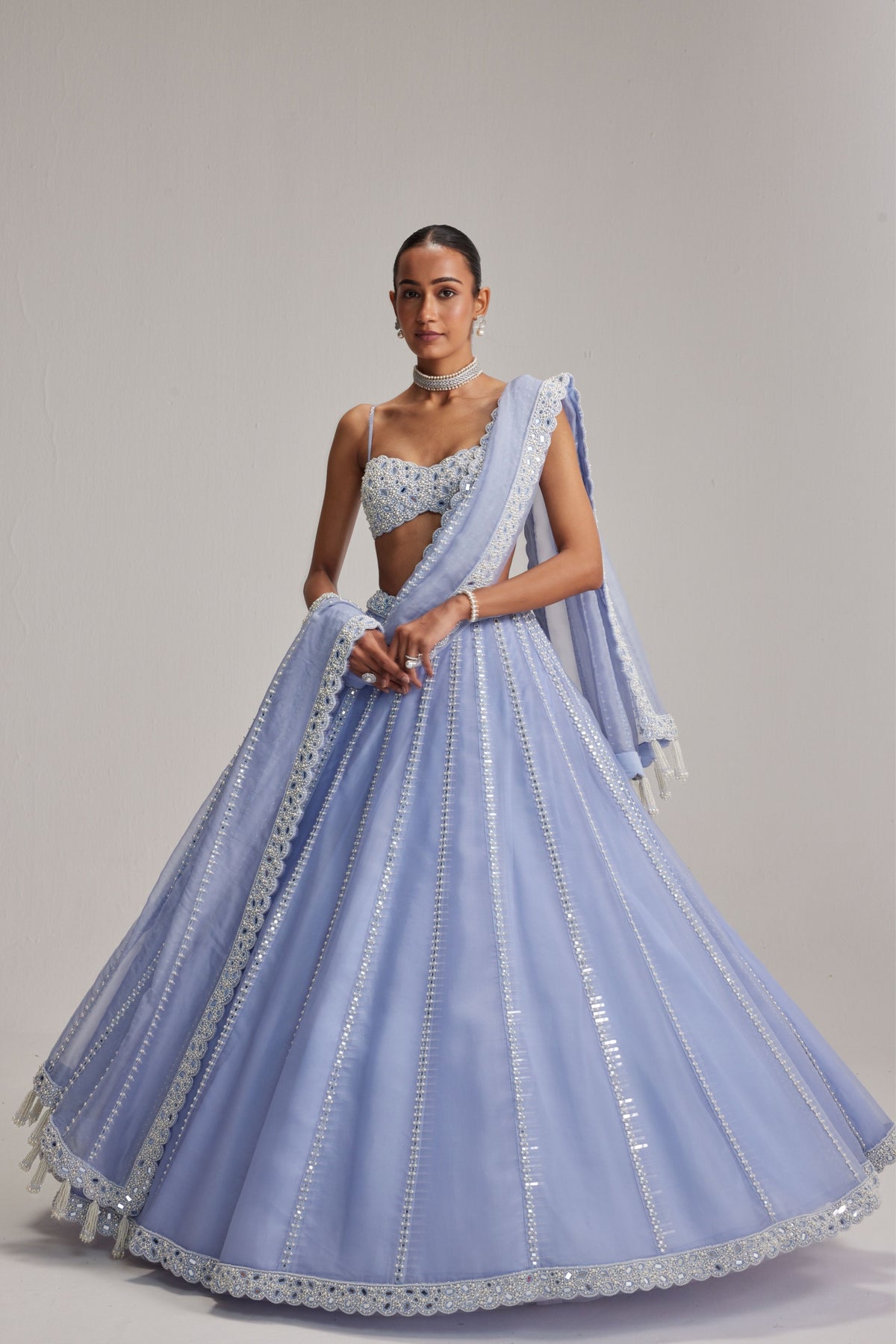 Dew Blue Mirror Organza Lehenga Set