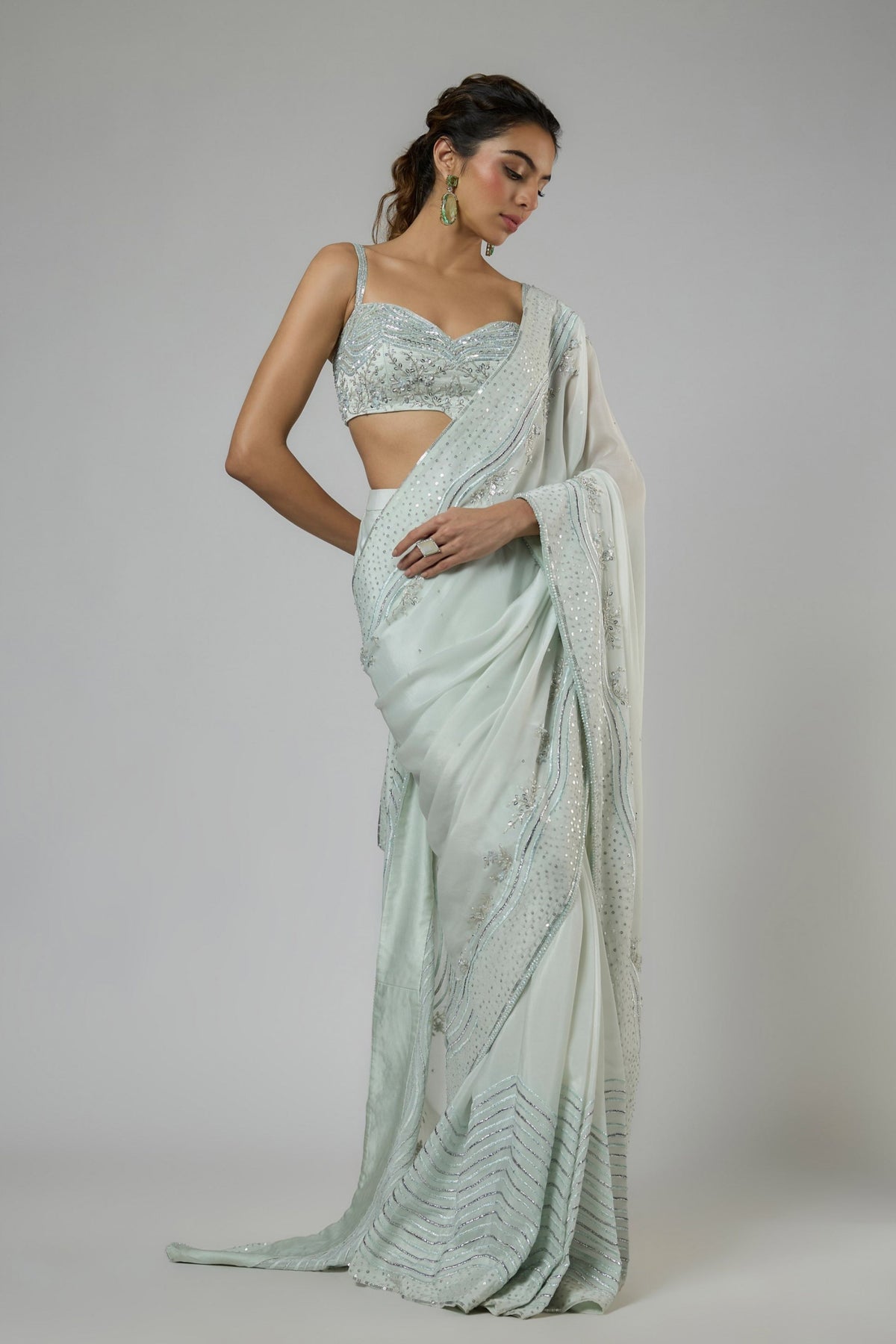 Light Mint Draped Saree Set