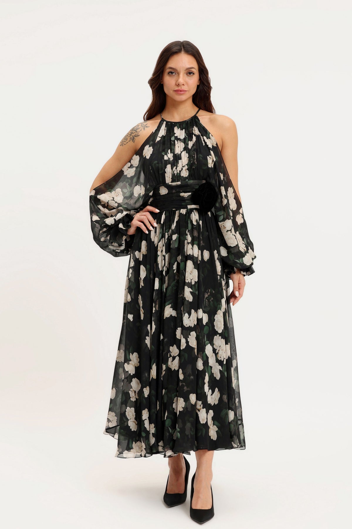 Chiffon Halter Neck Midi Dress