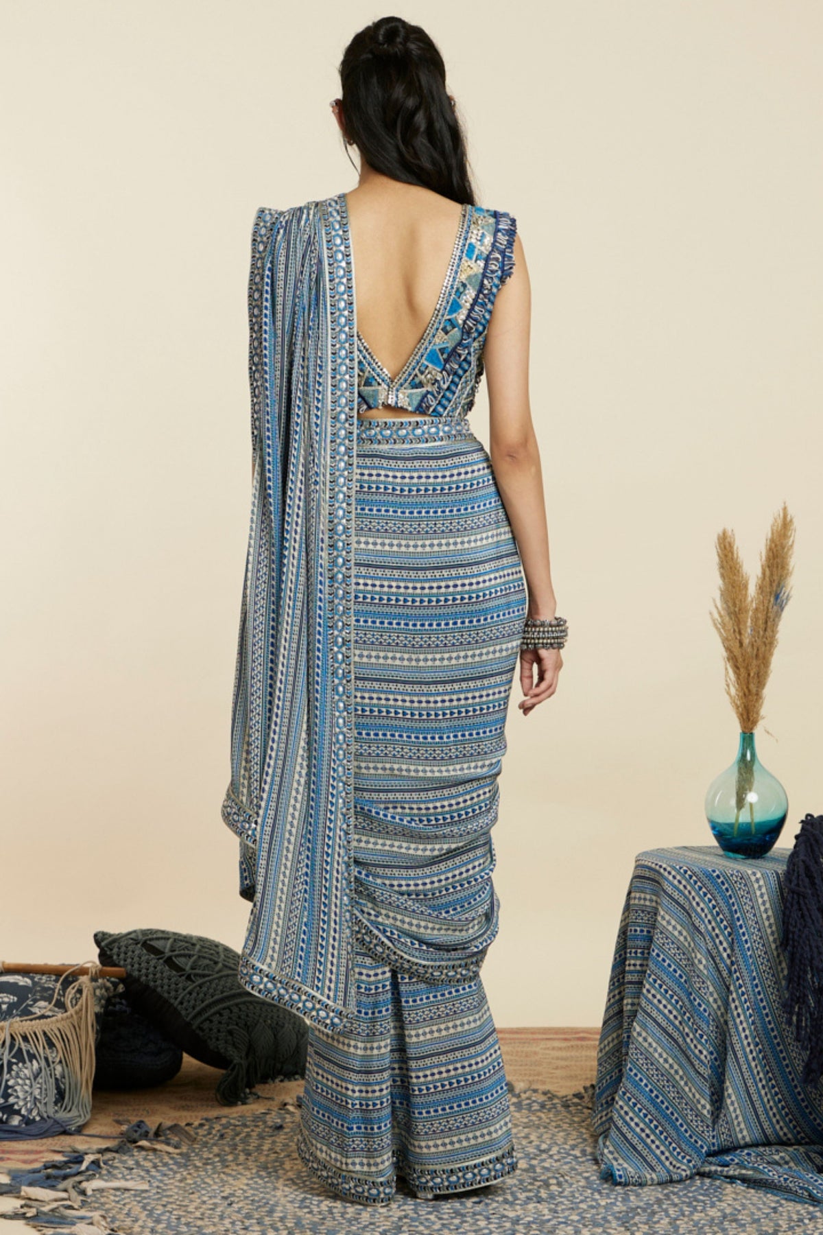 Blue Boho Cascade Saree Set
