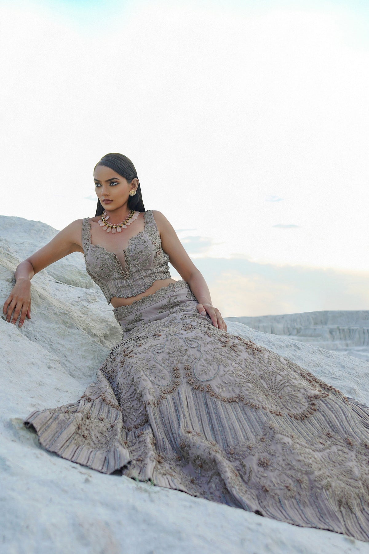 Grey Embellished Lehenga Set