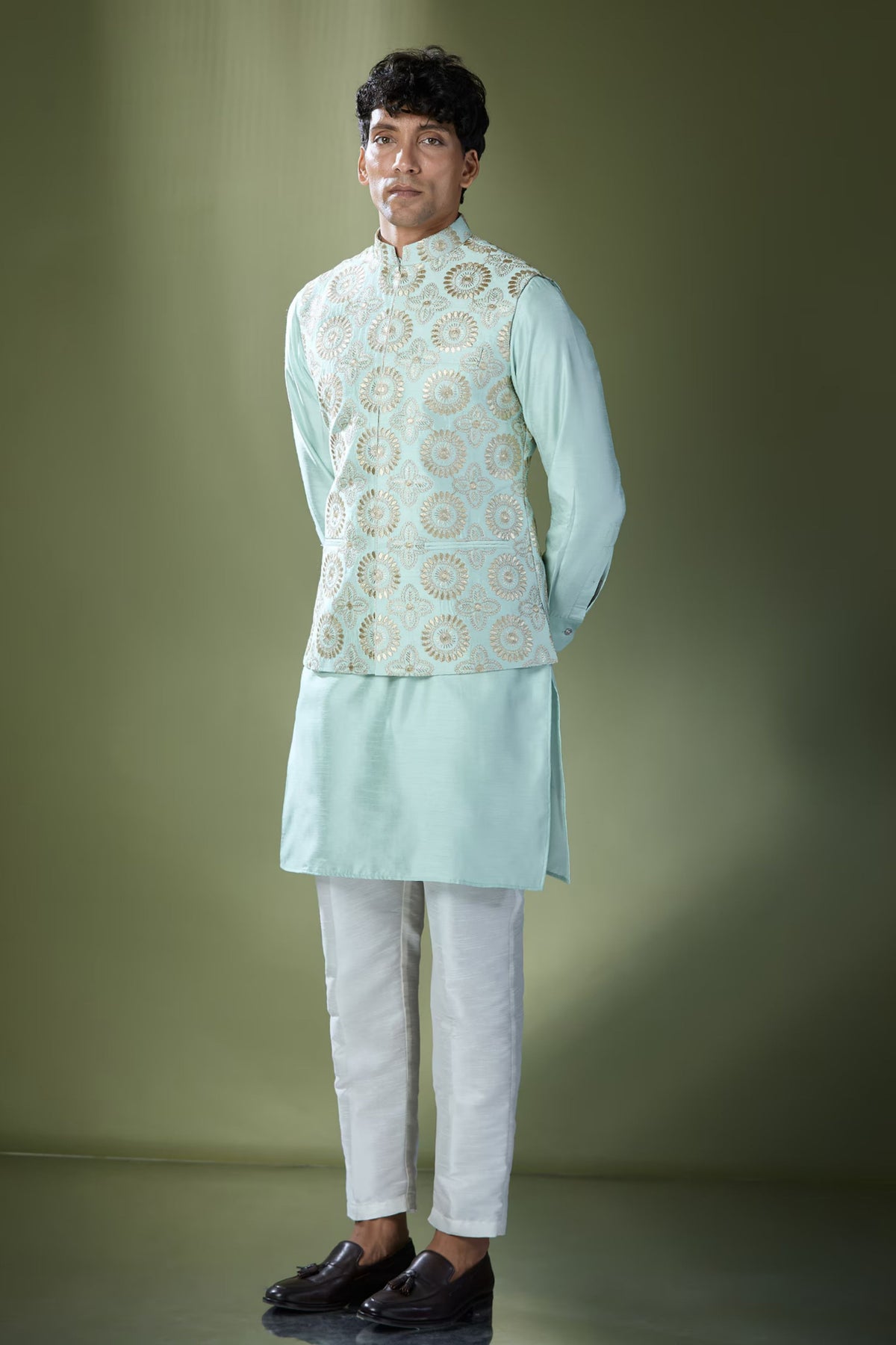 Sea Green Embroidered Nehru Jacket Set