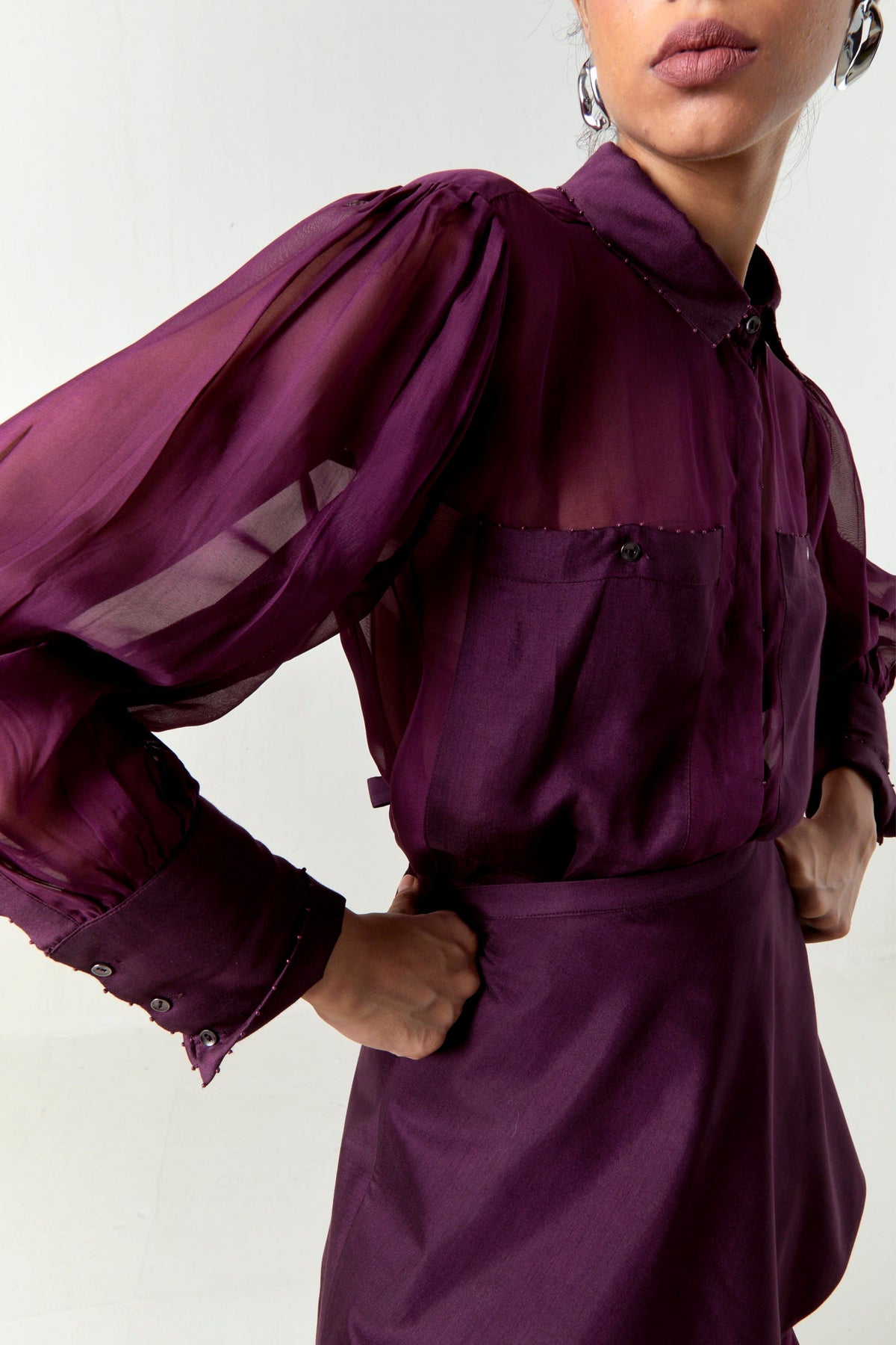 Beaded Collar Sheer Shirt Set