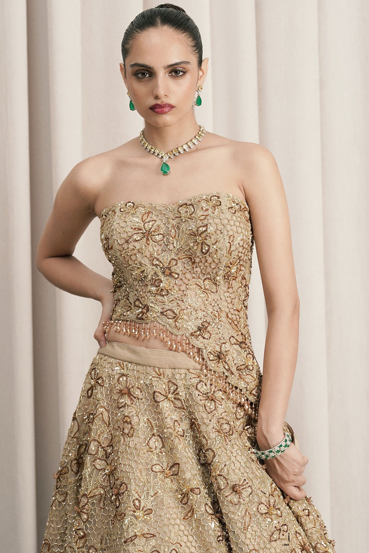 Beige Chantilly Lace Lehenga Set