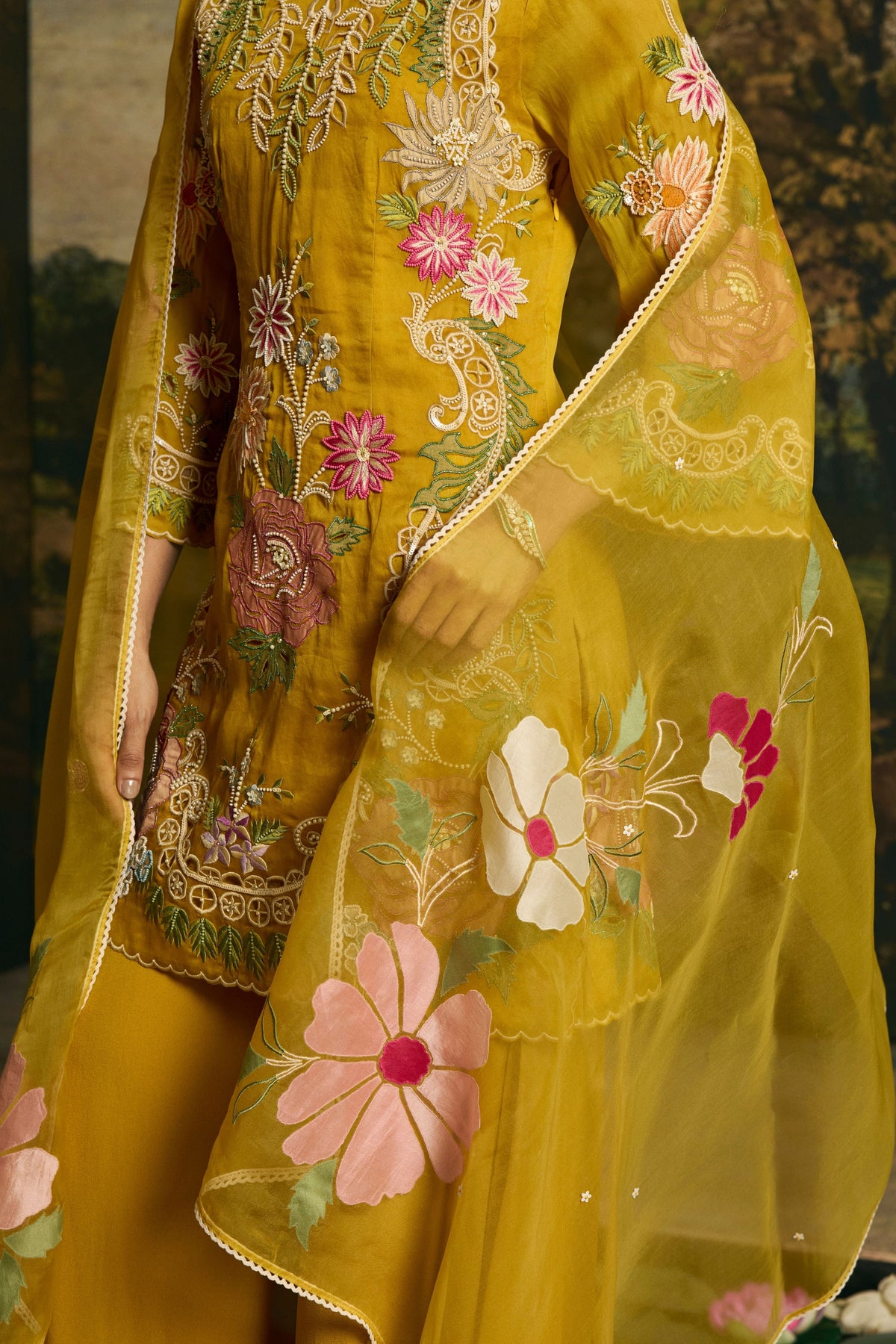 Amber Yellow Floral Dupatta