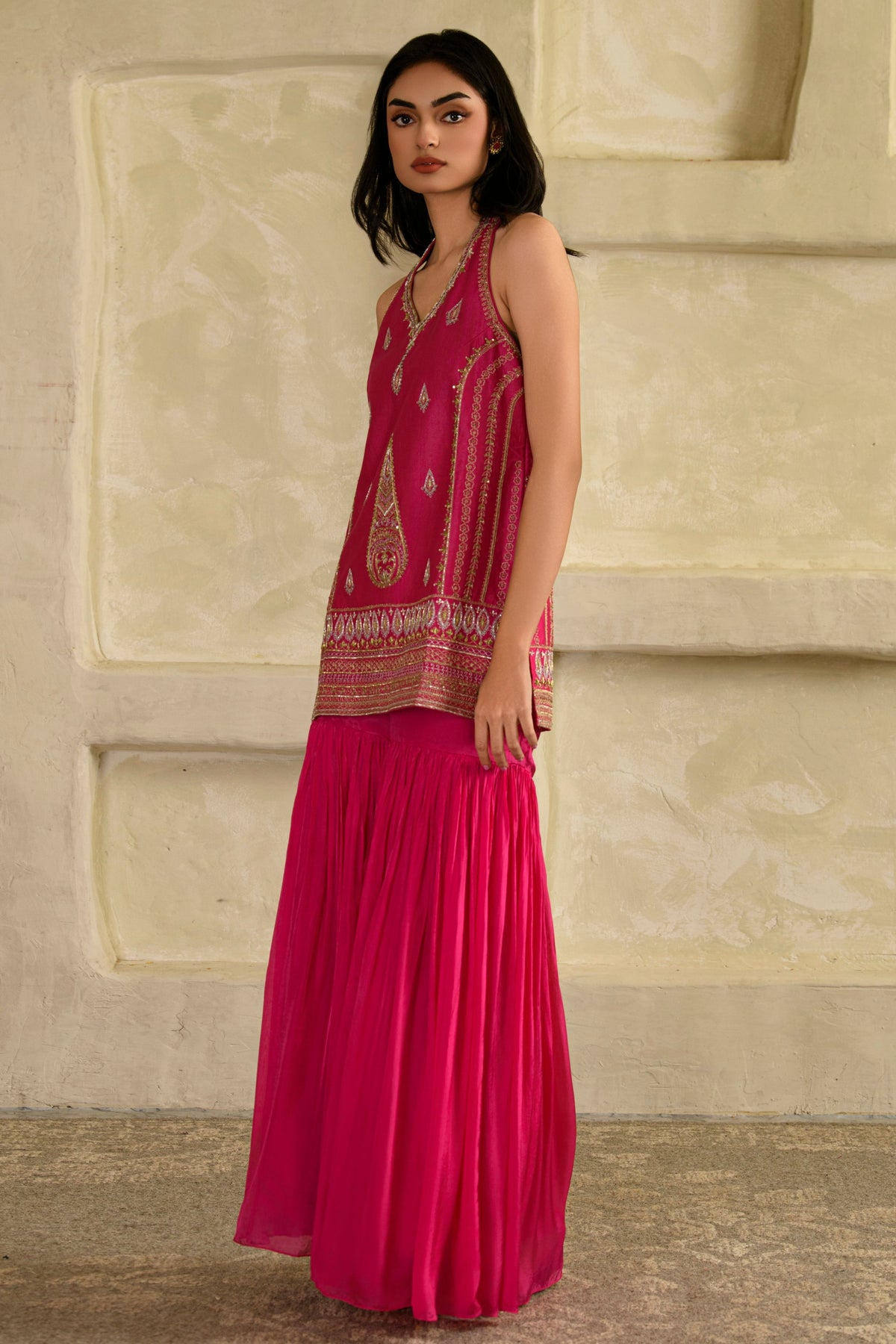 Zeba Halter Kurta Set in Rani Pink