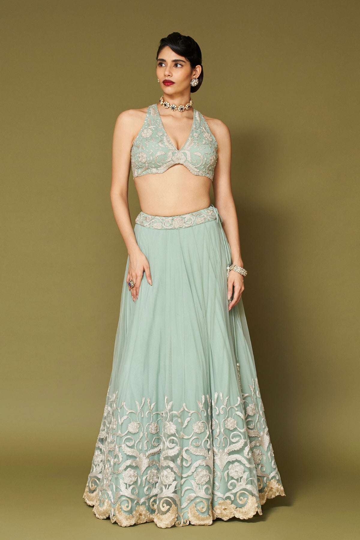 Aqua Embroidered Net Lehenga Set