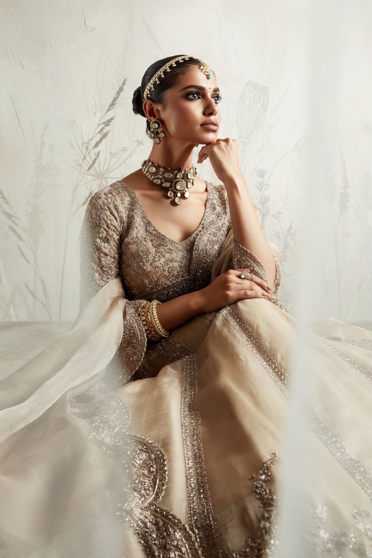 Beige Corner Butta Lehenga Set