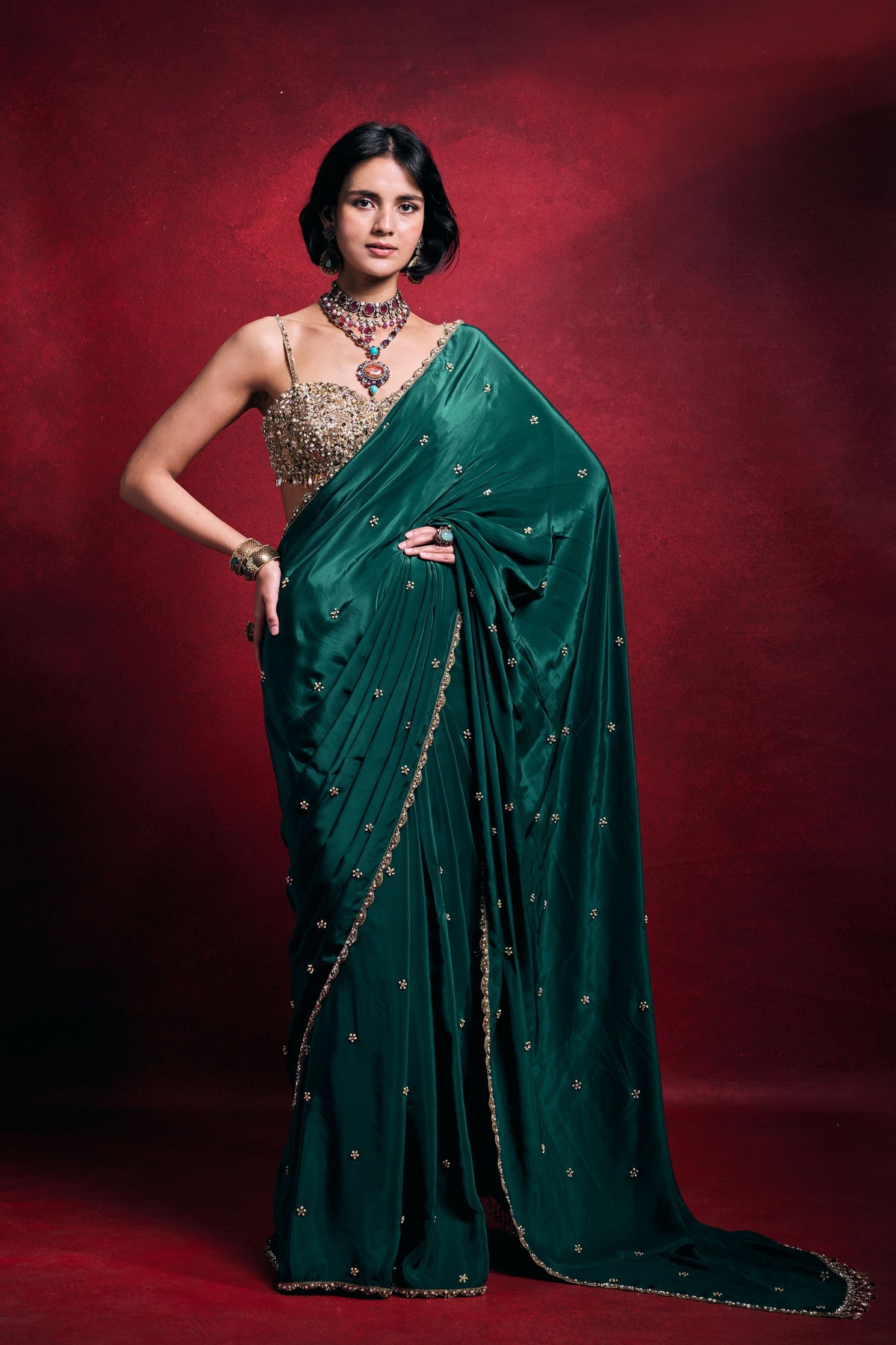 Emerald Green Crepe Saree Set