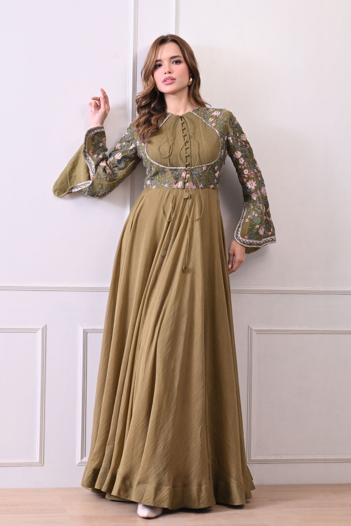 Olive Trumpet Sleeves Embroidered Anarkali