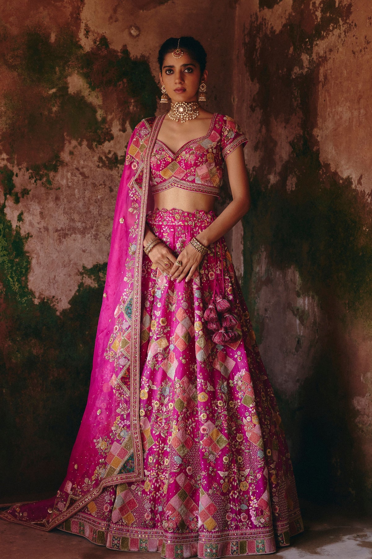 Fuchsia Pink Square Patch Lehenga Set