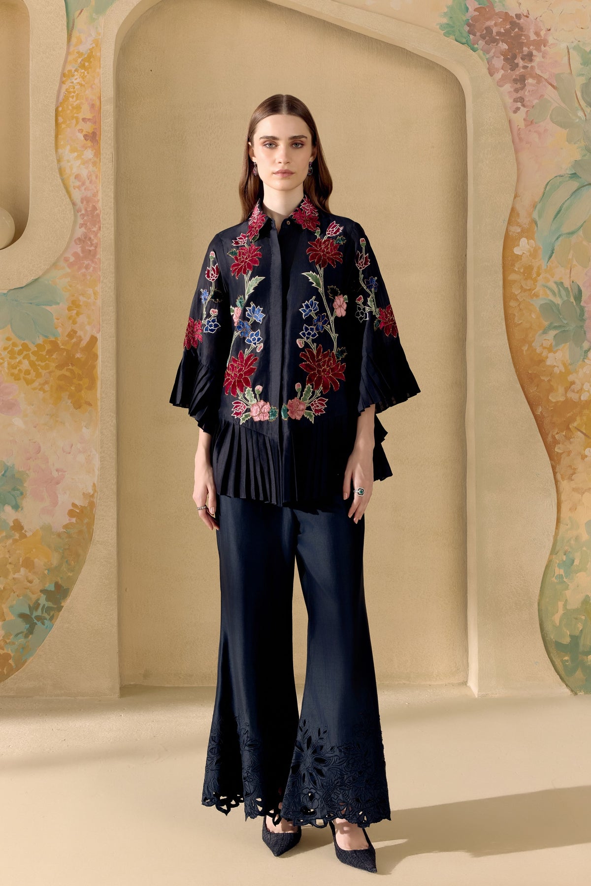 Black Botanica Pleated Shirt
