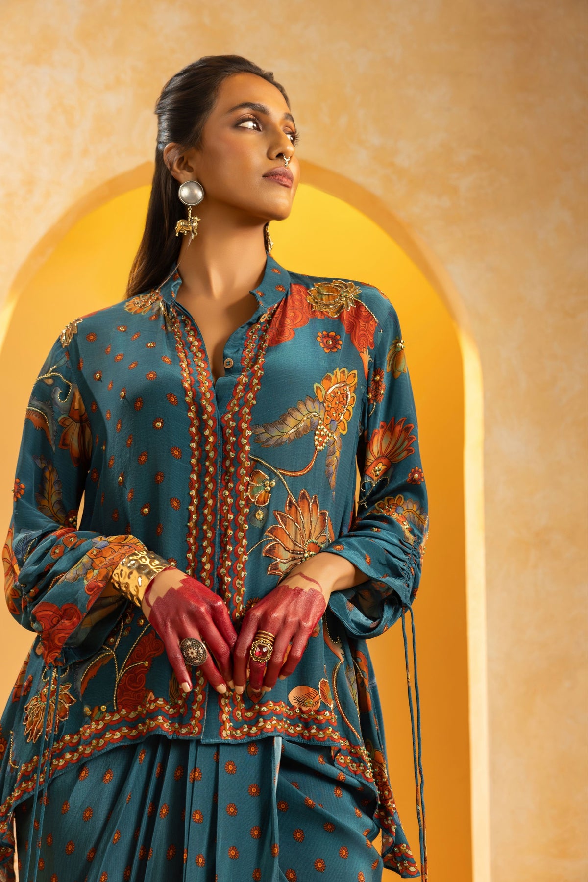 Blue Embellished Drape Skirt Set