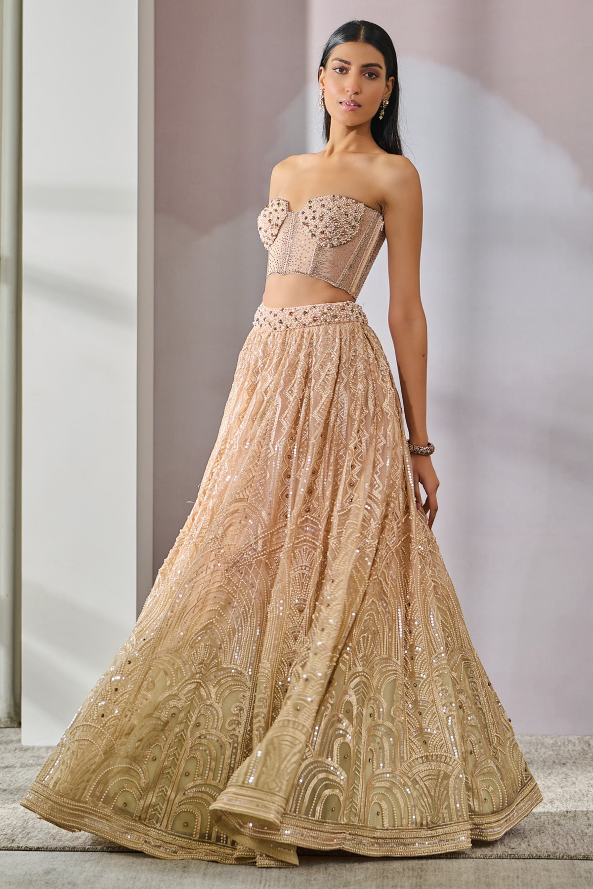 Pearl Embroidered Paneled Lehenga Set