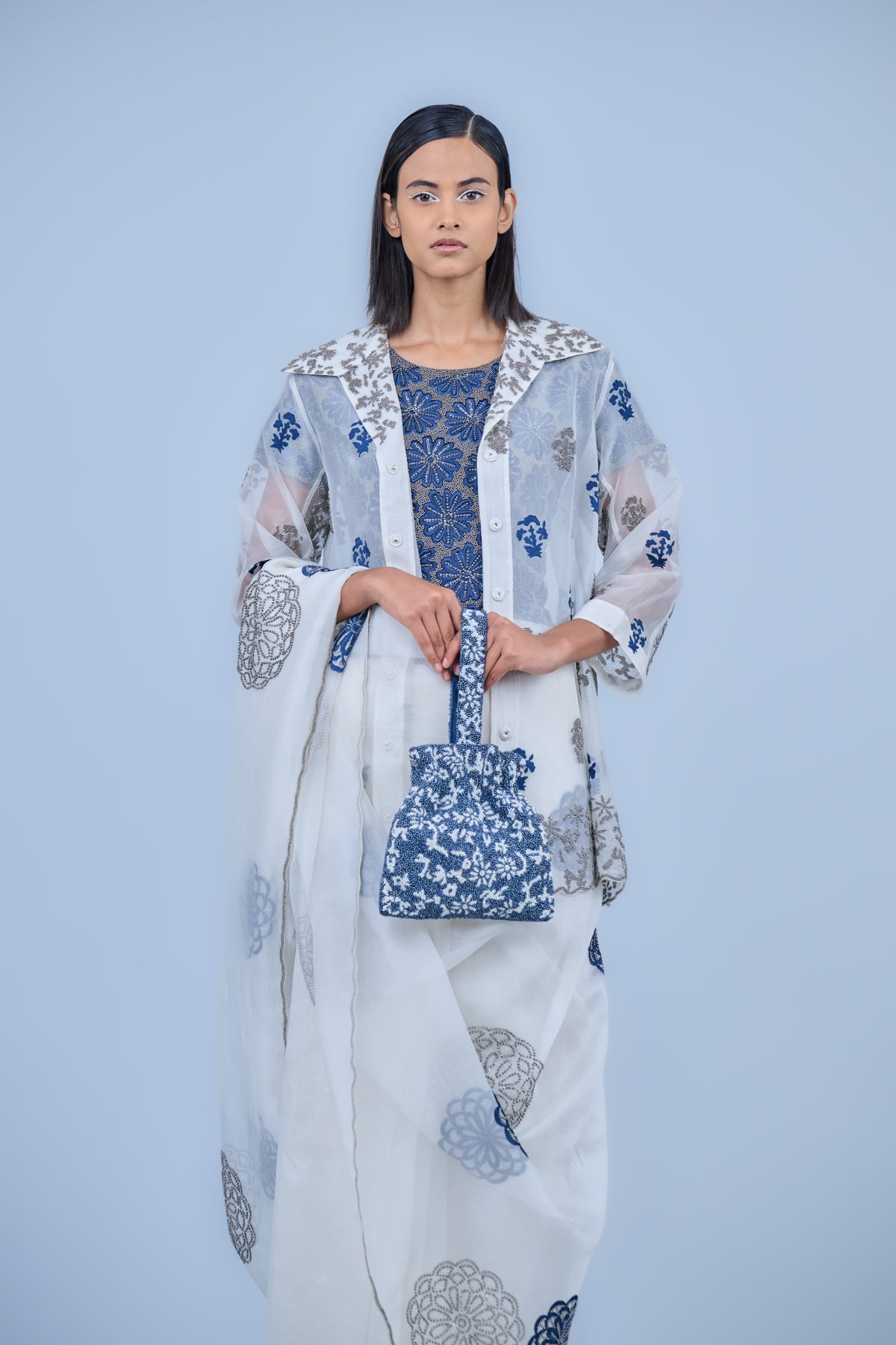 Space Blue &amp; Ecru Beaded Bag