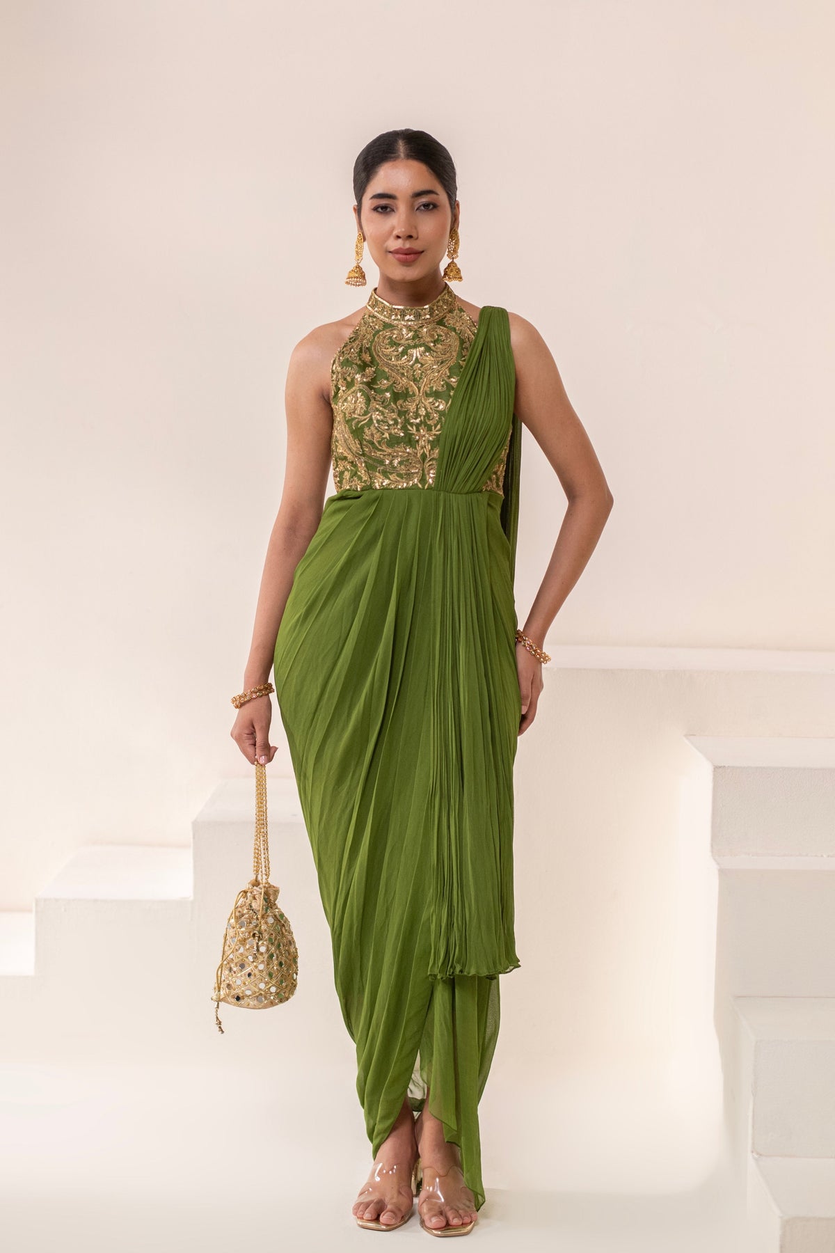 Olive Green  Embellished  Drape Saree